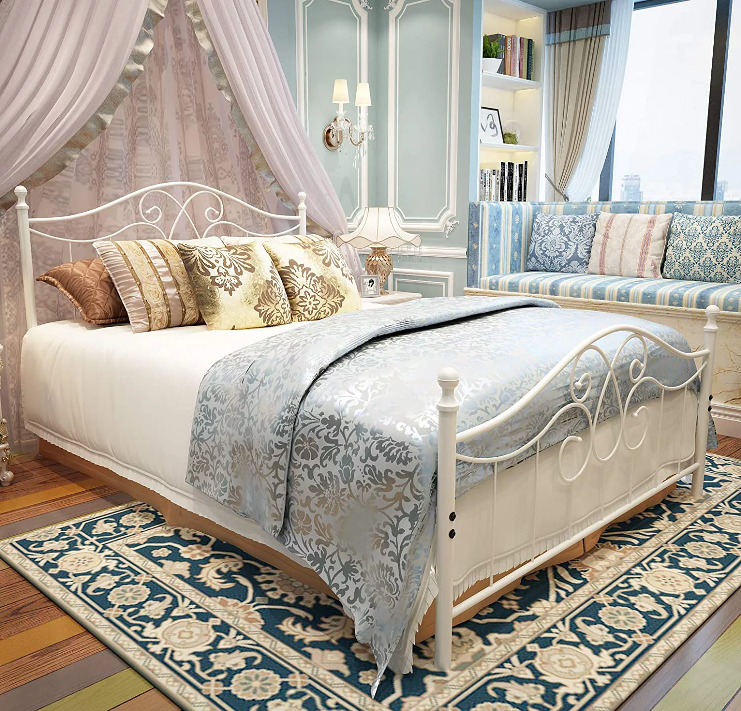 LIHONG Vintage Sturdy Queen Size Metal Bed Frame with Headboard and Footboard Basic Bed Frame No Box Spring Needed (Queen, Grayish White)
