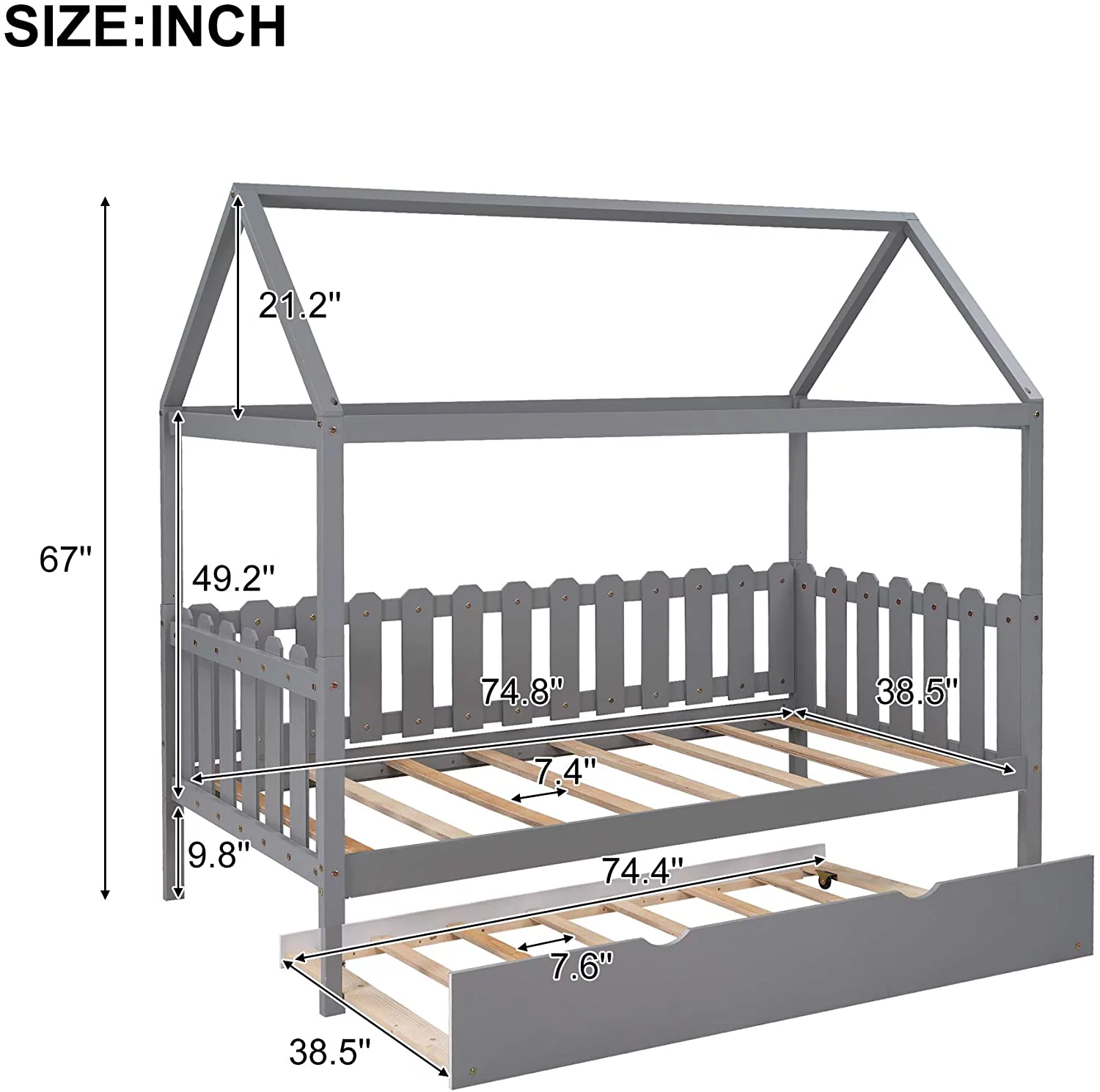 House With Trundle, Size Platform Bed With Roof, Wood Daybed Frame For Kids & Teens, Gray
