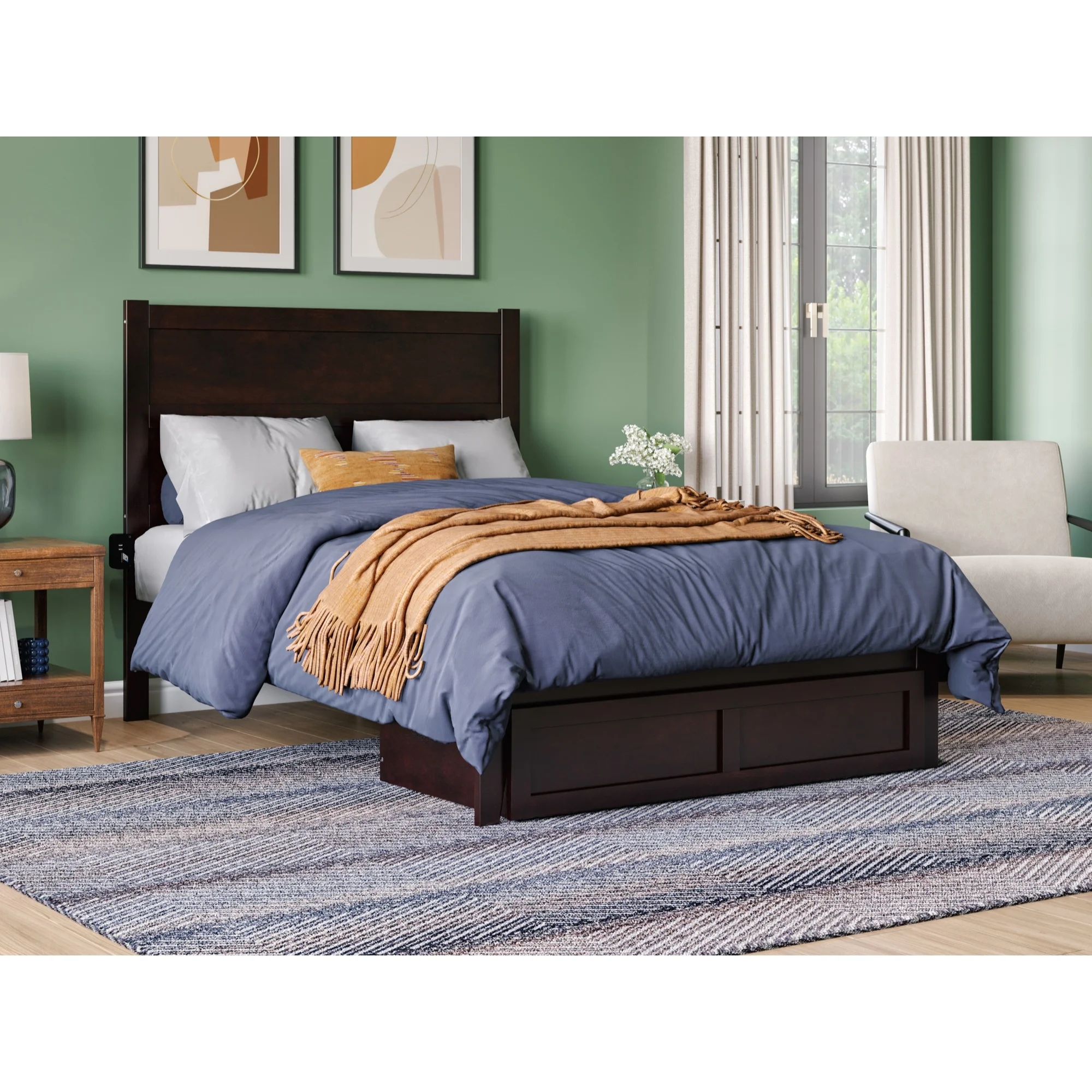 NoHo Solid Wood Platform Bed with Foot Drawer Storage & Attachable USB Charger, Espresso - Full Size