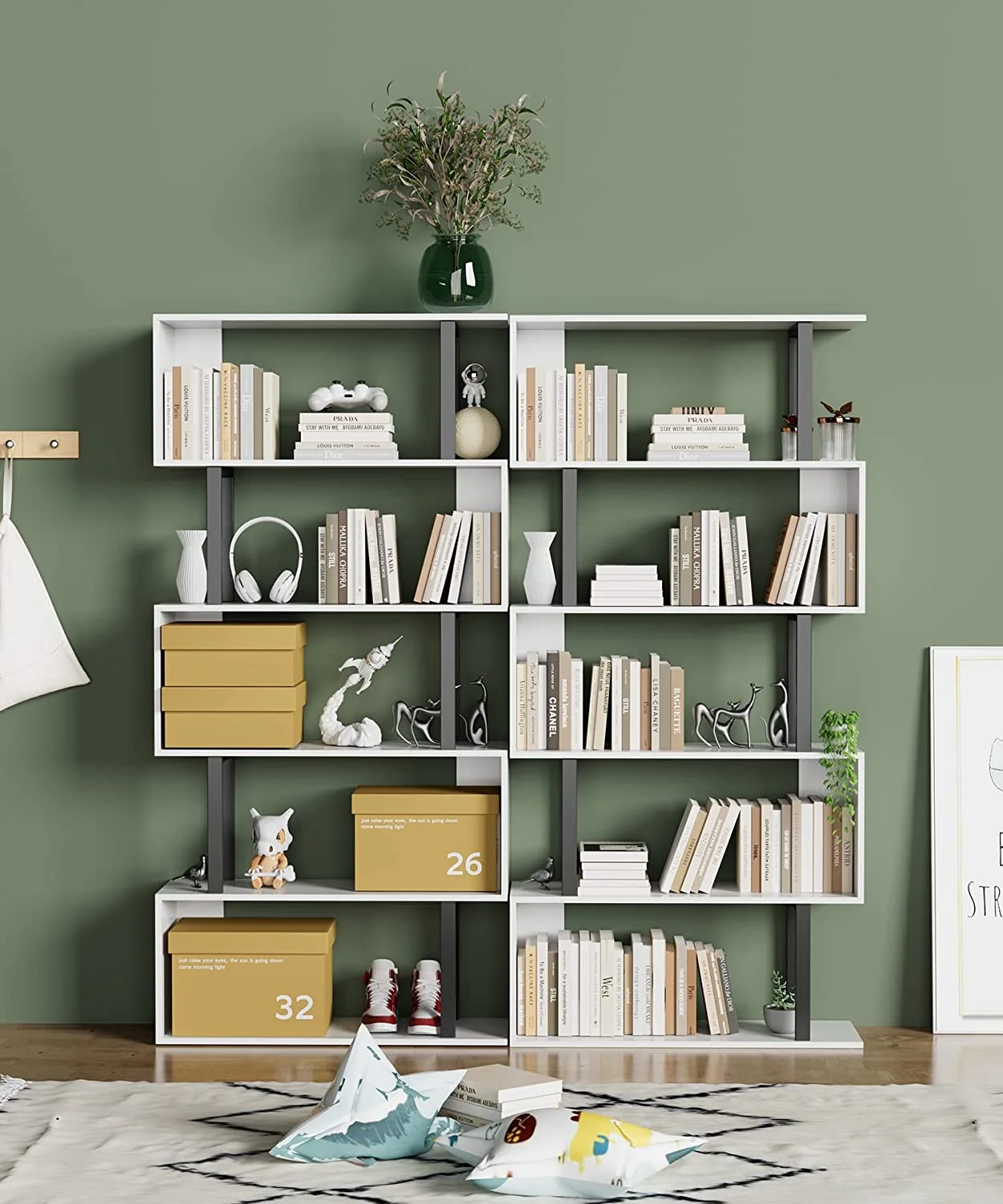 HOMEFORT 5 Tier Geometric Bookcase, Black and White Book Shelves, Modern Corner Bookcase Storage Shelf Wood for Living Room Home Office, White