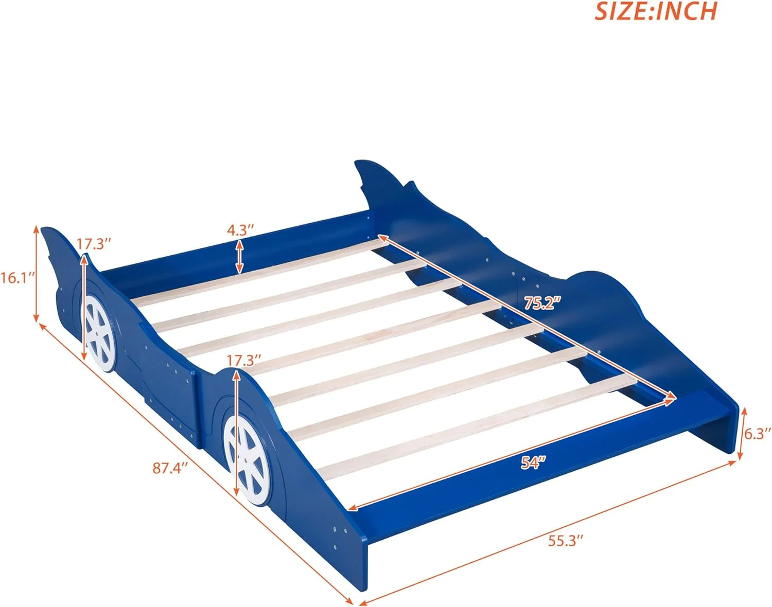 Full Size Race Car Shaped Platform Bed With Wheels, Wooden Platform Bed Frame With Support Slats, Full Car Bed Floor Bed For Kids Boys, Blue