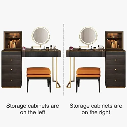 Lartis Premium Makeup Vanity Table with Stool,Very Easy to Assemble，Dressing Table,Vanity Desk,Dresser Desk,LED Lighted Mirror, Gold-Plated Stainless Steel Legs ，5 Drawers, Side Cabinet