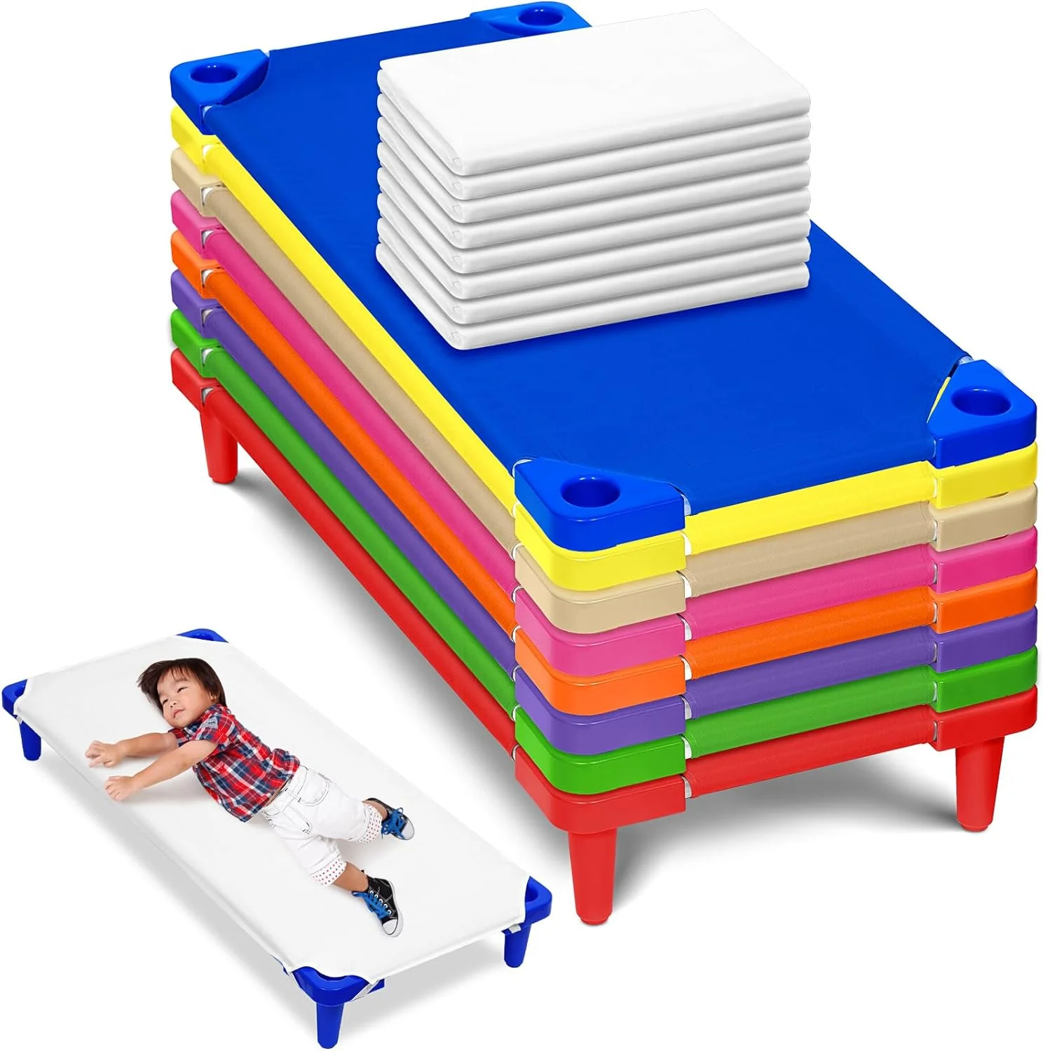 WAGEE 16 Pcs Daycare Cots with Sheets Set for Kids 52