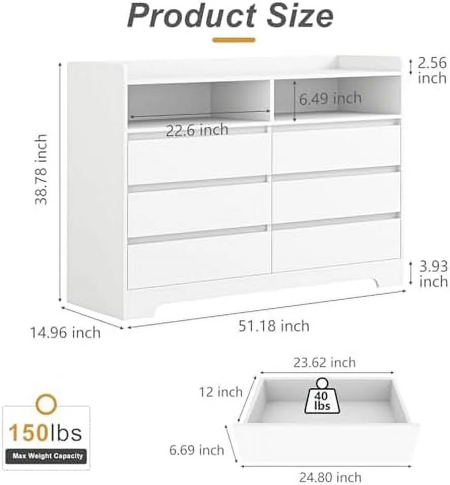 White Dresser for Bedroom  Dresser with LED Lights 6 Drawer Dresser with 2 Cubby Chest of Drawers & Dresser Wood Dresser Dresser Bedroom  Wide TV Stand Dresser for Kid's Room Nurs