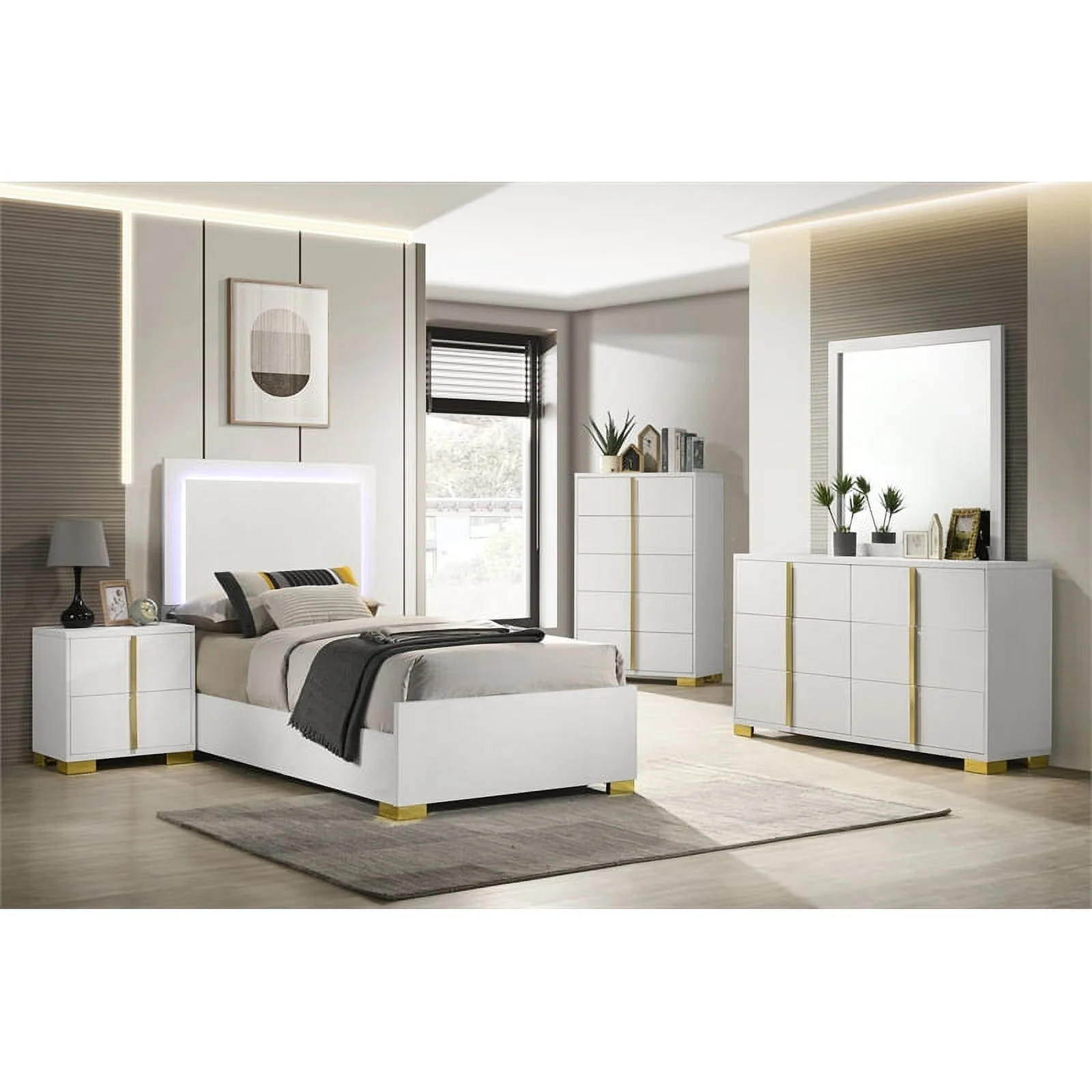 Pemberly Row 5-piece Contemporary Wood Twin Bedroom Set White and Gold