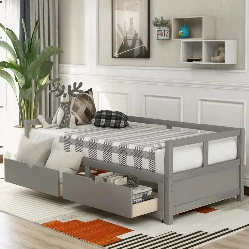 Wooden Daybed with Trundle Bed and Two Storage Drawers ,Extendable Bed Daybed,Sofa Bed for Bedroom Living Room
