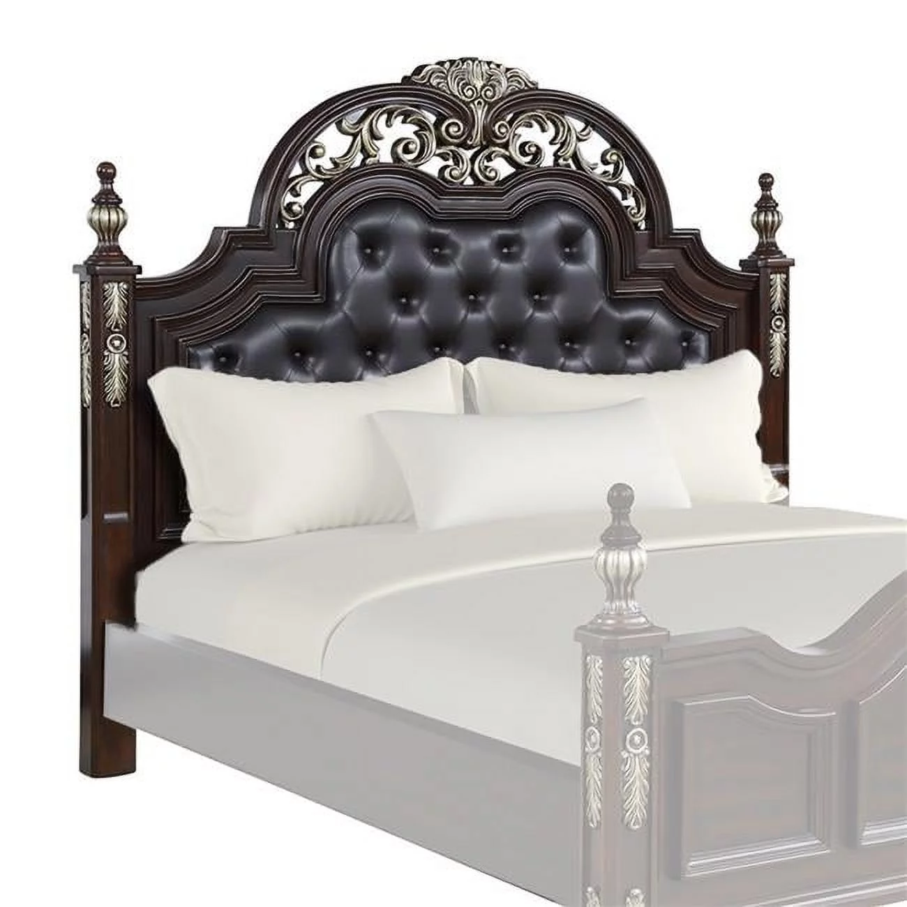 Benjara BM219491 Leatherette & Wood Queen Headboard with Carving & Mirror Inlay, Brown
