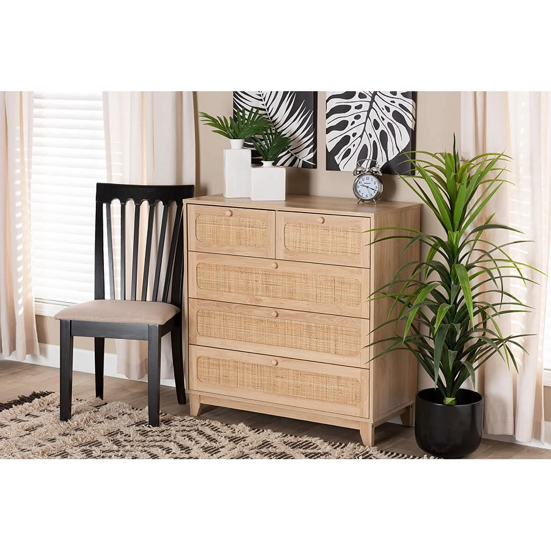 Baxton Studio Elsbeth Mid-Century Modern Oak Brown Finished Wood and Natural Rattan 5-Drawer Storage Cabinet