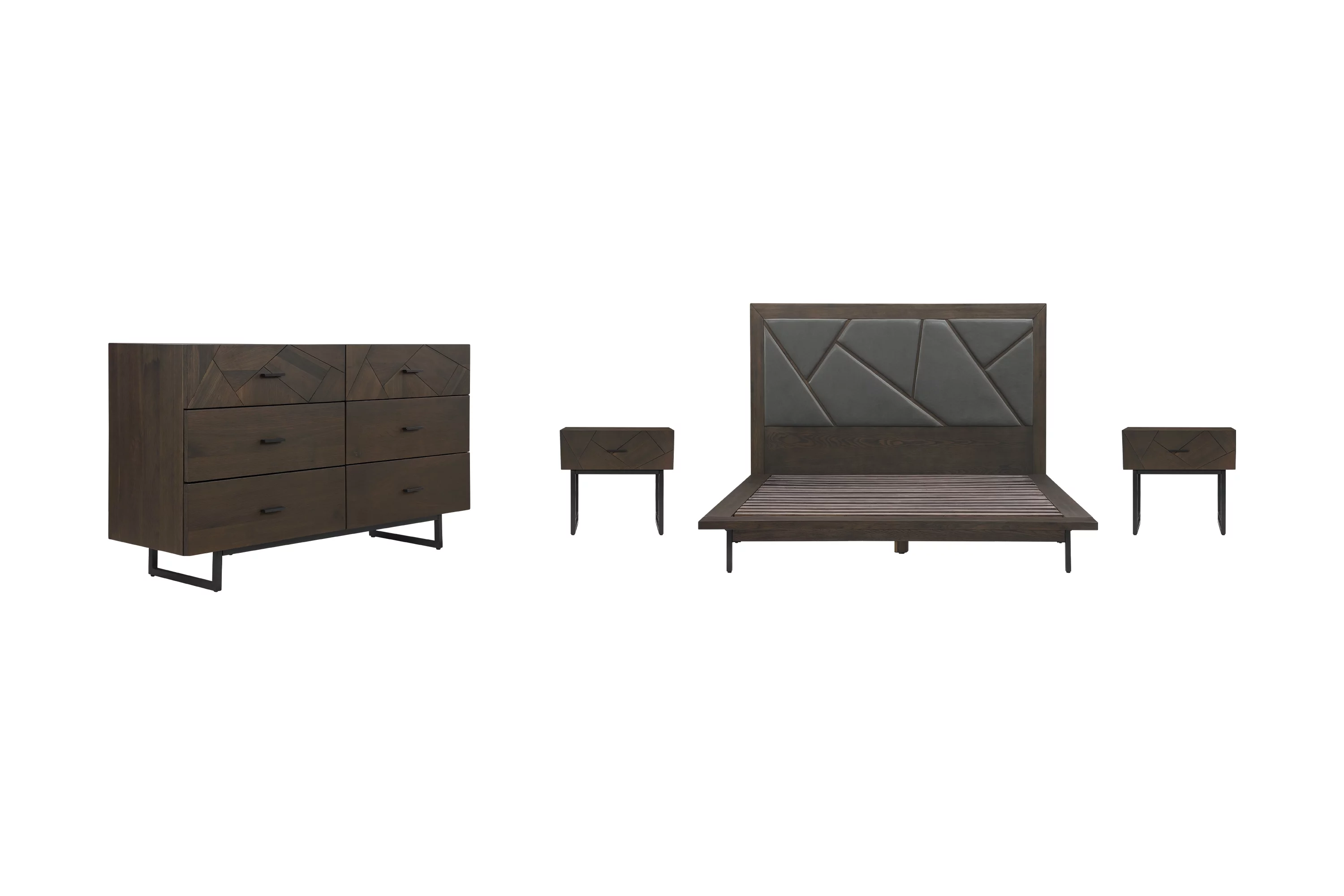 Marquis 4 Piece Queen Size Platform Bed Frame Bedroom Set in Oak Wood with Faux Leather Headboard