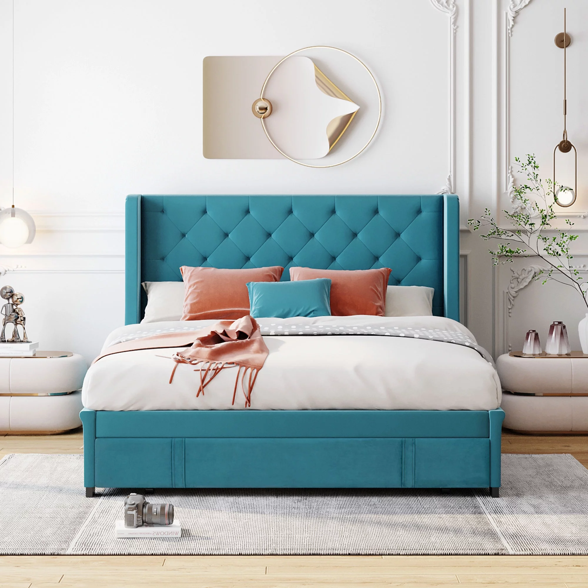 CoSoTower Queen Size Storage Bed Velvet Upholstered Platform Bed with Wingback Headboard and a Big Drawer (Blue)
