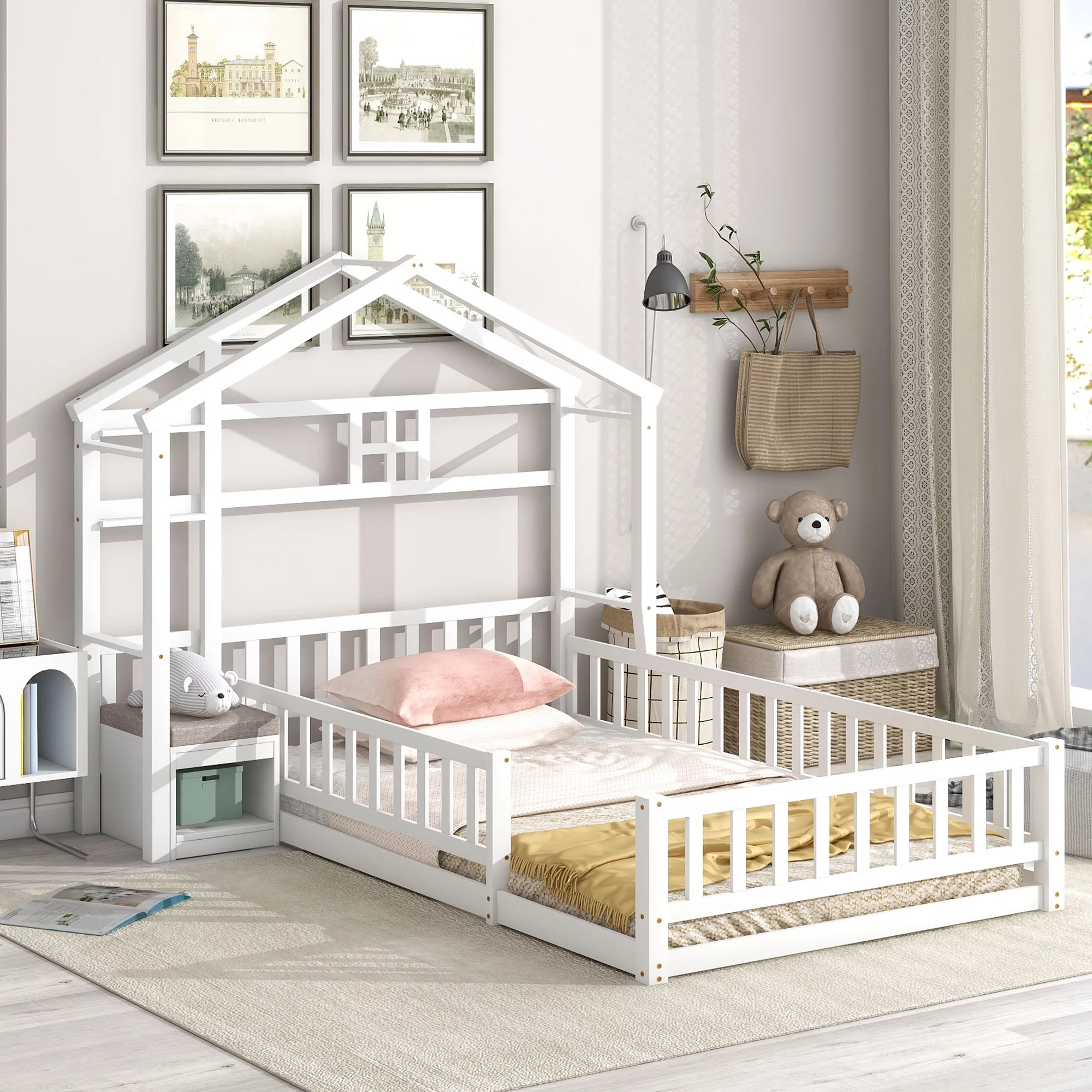Euroco Wood Twin Size Platform Bed with House Shelf and Cushion Chair, White