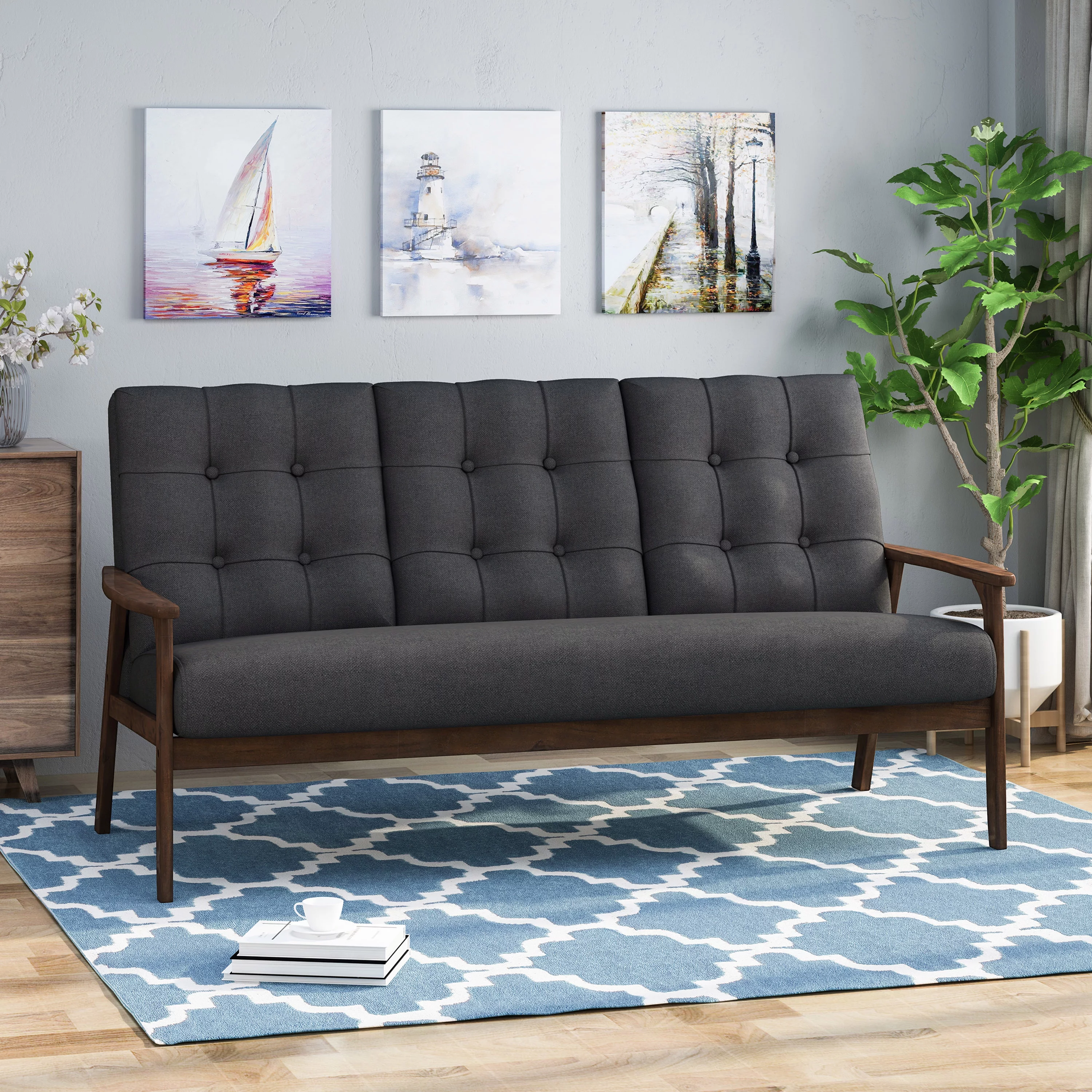 GDF Studio Norwood Mid Century Modern Fabric Tufted 3 Seater Sofa, Charcoal Gray and Walnut