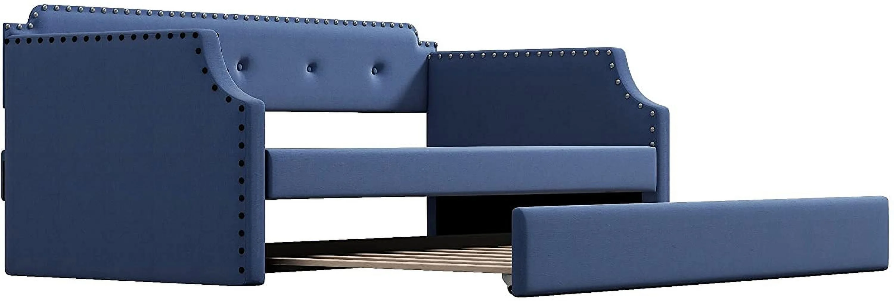 Twin Size Daybed with Trundle, Upholstered daybed with Button Tufted and Nailtrim on Arms, Sofa Bed Frame with Wood Slat Support, No Box Spring, for Living Room, Bedroom, Guest Room