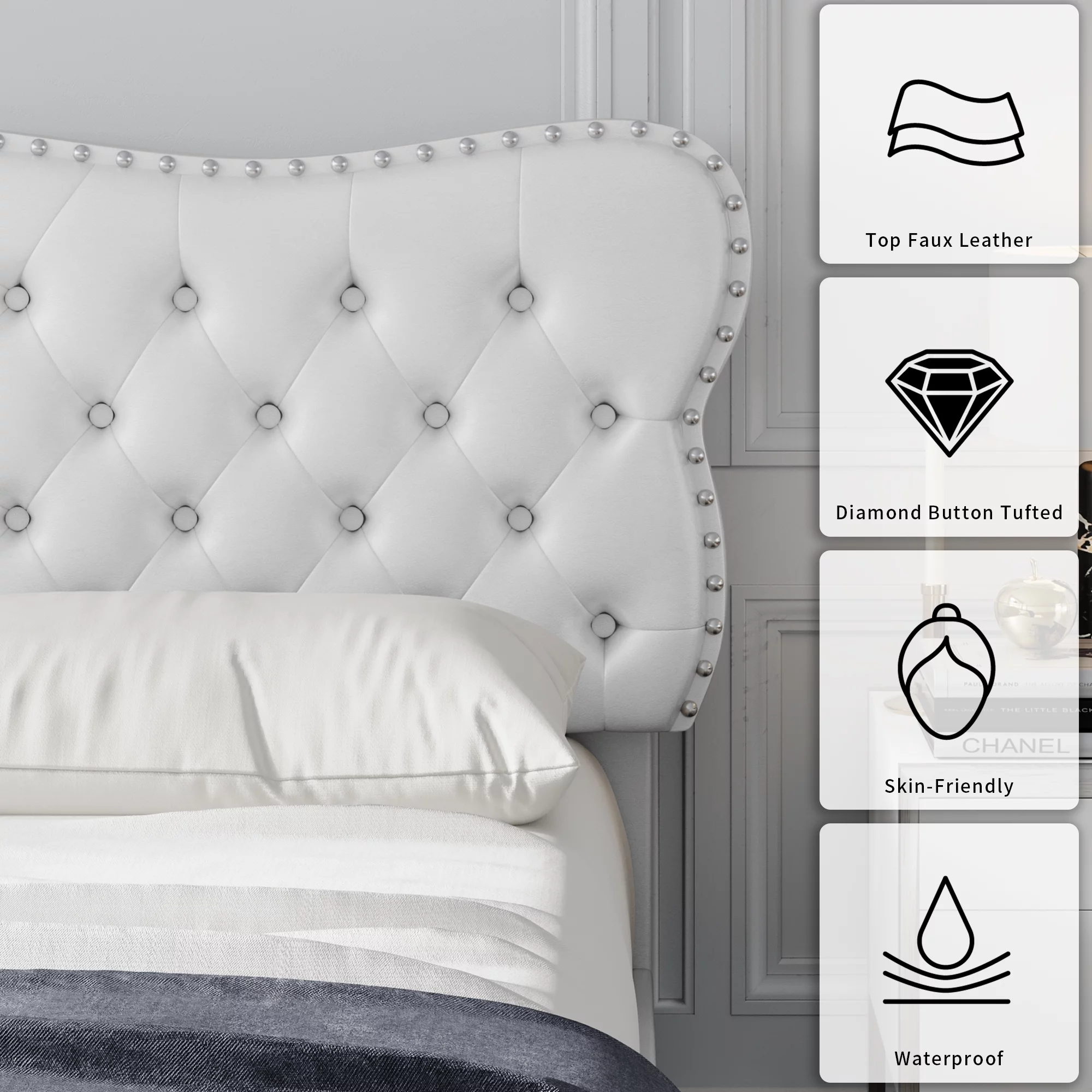 Homfa White Full Bed Frame with Drawer, PU Leather Upholstered Storage Platform Bed Frame with Button Tufted Headboard, Noise Free