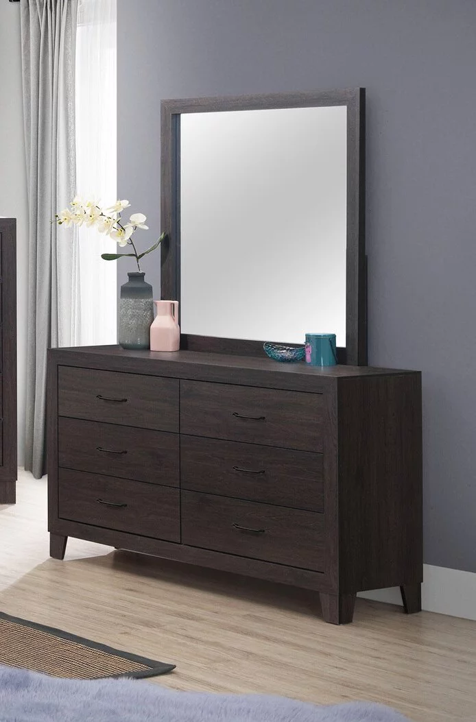 Transitional 4pc Twin Size Platform Bedroom Set Brown Finish Bed Dresser Mirror Nightstand Wooden Furniture