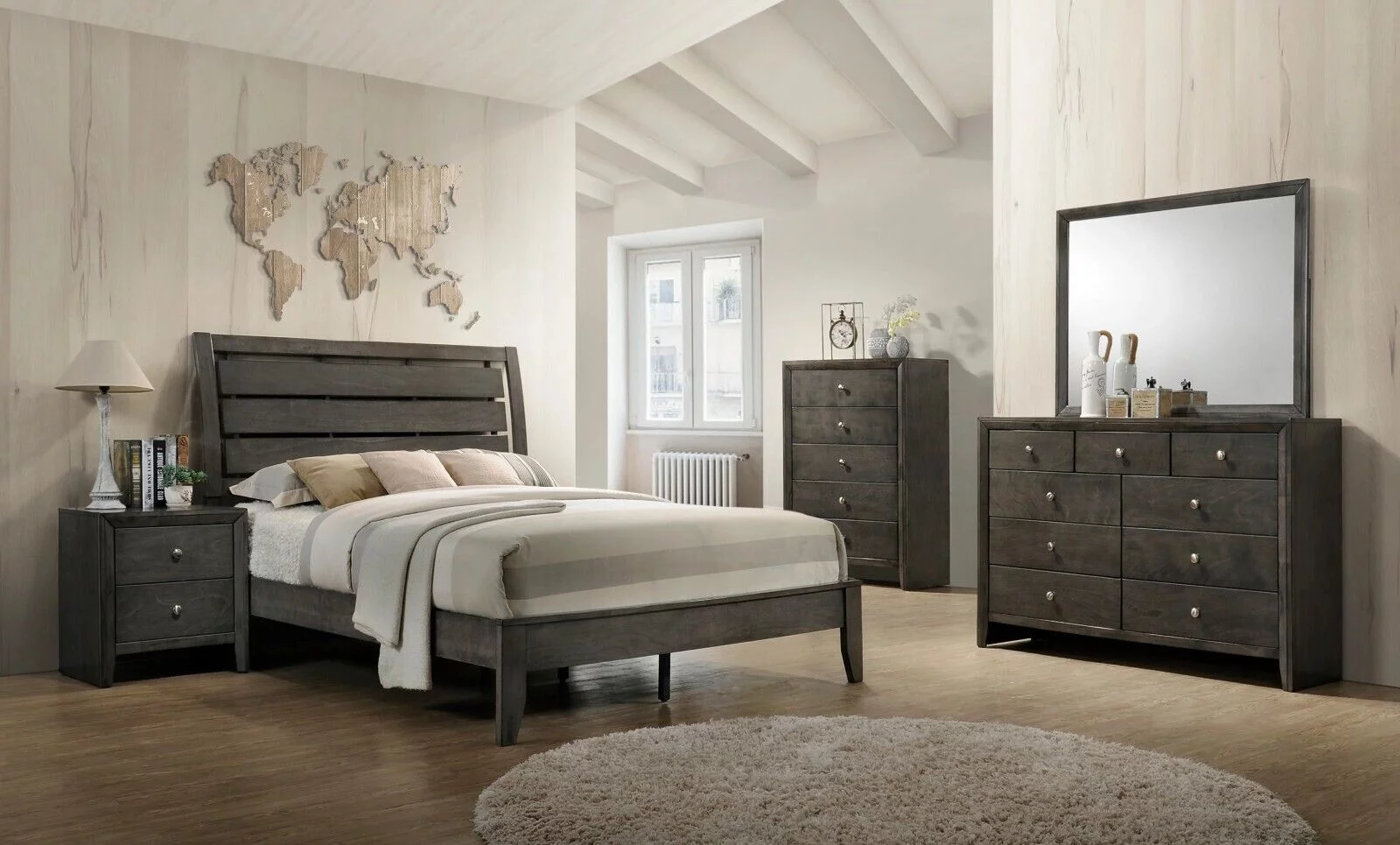 Contemporary Style Full Size 6pc Bedroom Set Bed Dresser Mirror Nightstand Chest Wooden Furniture Gray Finish