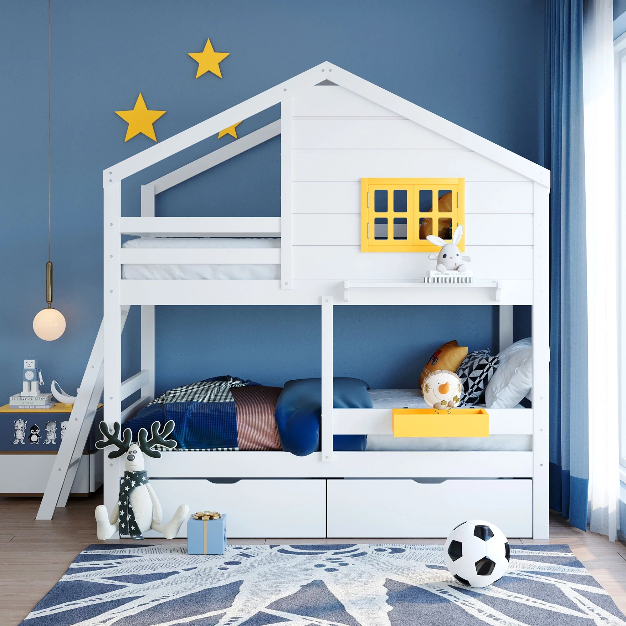 Twin over Twin Bunk Bed with 2 Drawers, 1 Storage Box, 1 Shelf, Window and Roof, Bunk Bed, Wooden House Bunk Bed for Kids Teens Adults