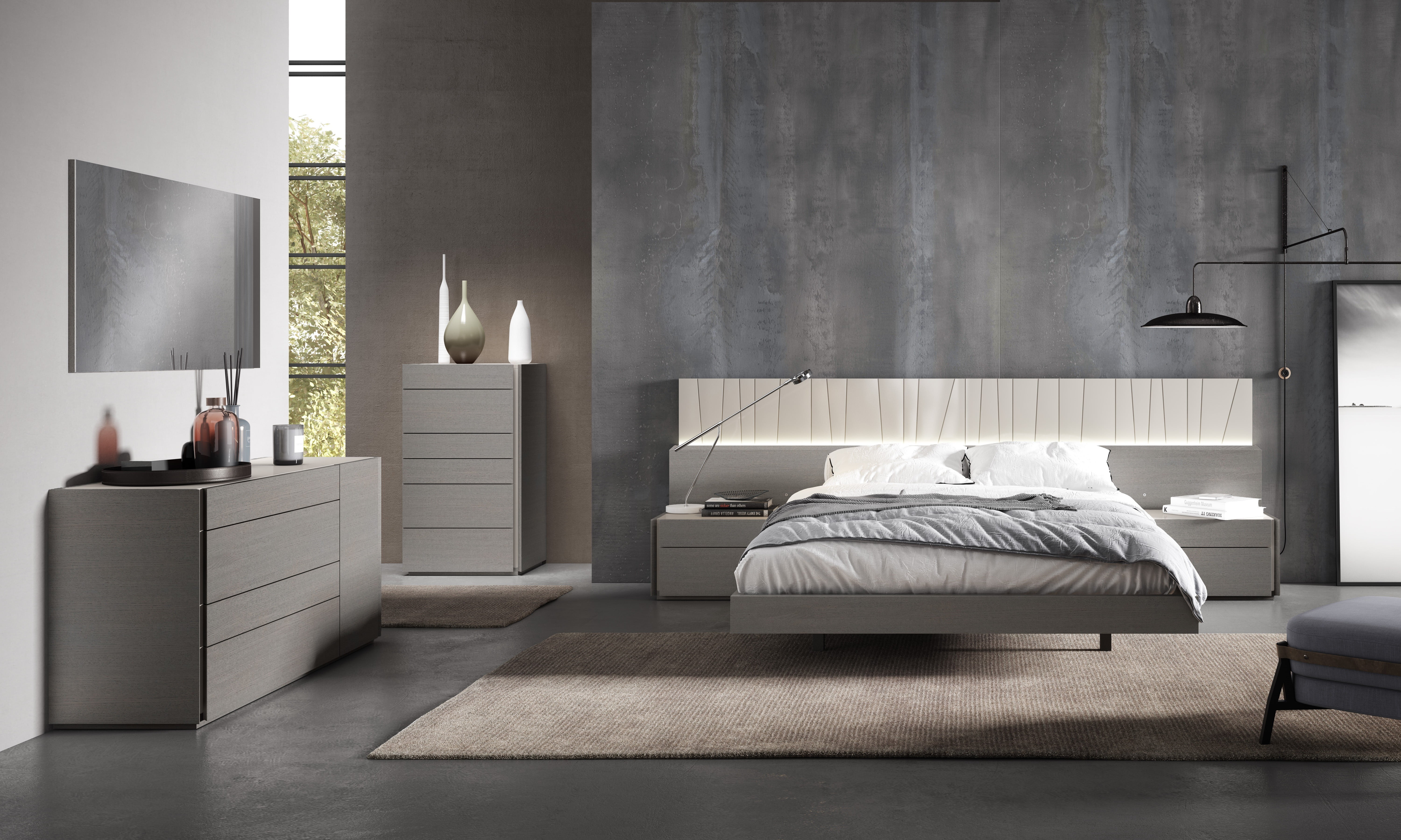 J&M Furniture Porto Premium Bedroom Set in Grey with 6 piece queen bed, chest, dresser, mirror and 2 nightstand, queen bedroom set