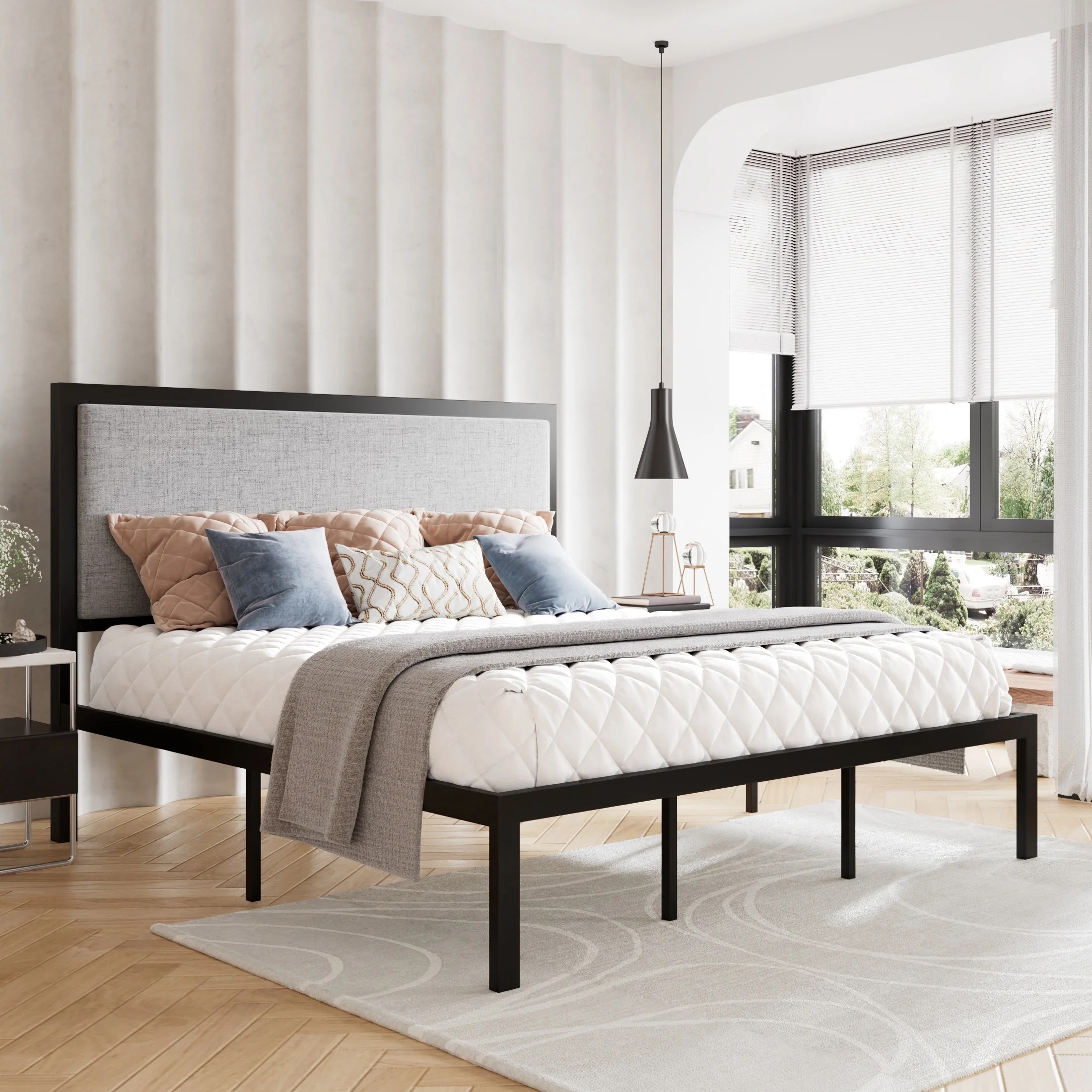 Amolife King Size Metal Platform Bed Frame with Upholstered Headboard & Under Bed Storage, Gray