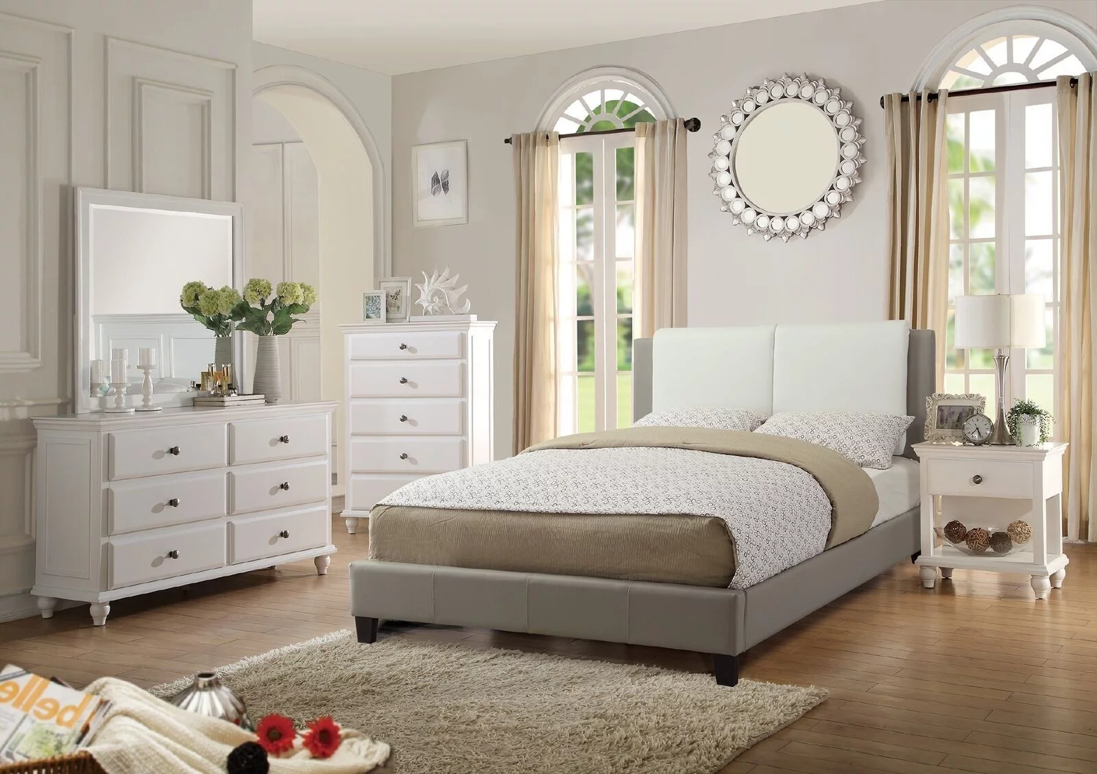 White And Grey Modern Full Size Bed 4pc Set Dresser Mirror Nightstand Bedroom Furniture