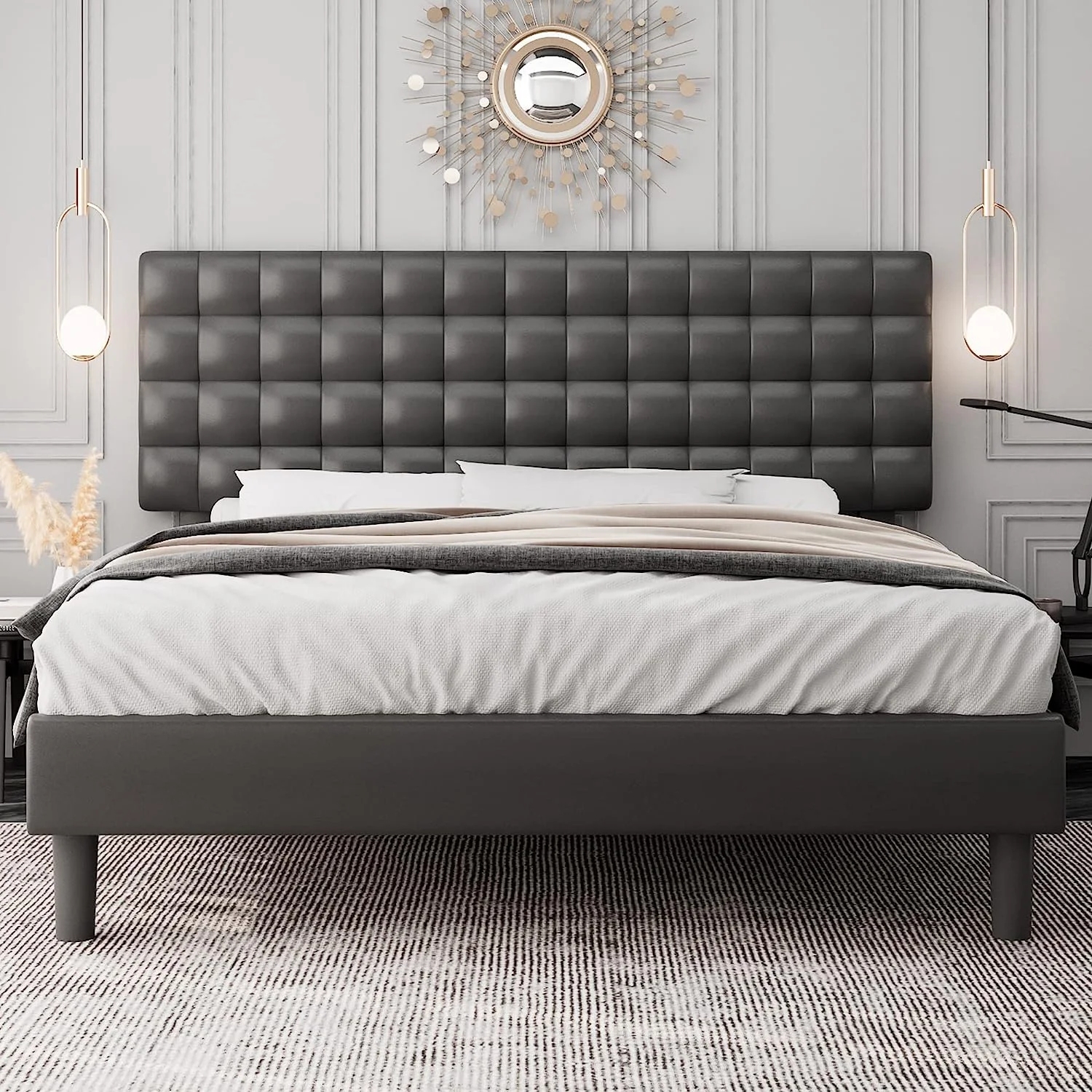 King Size Bed Frame with Square Stitched Headboard  Faux Leather Upholstered Platform Bed Frame  High-Density Sponge Filled  Solid Wood Slats  No Box Spring Needed  Noise-Free  Black
