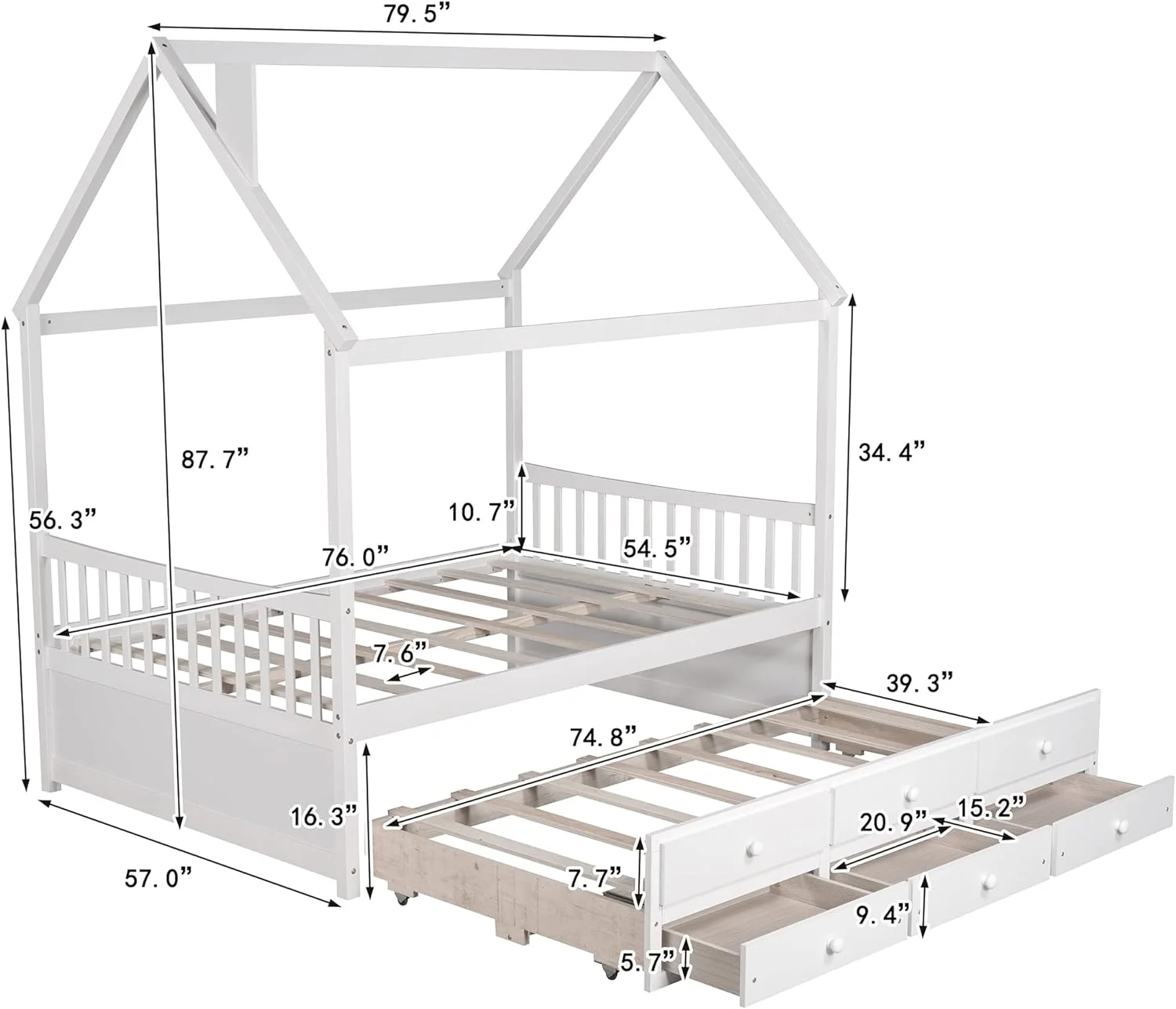 Full House Bed With Trudle Ad 3 Storage Drawers, Full Captai's Beds Woode Storage Daybed Frame For Kids Tees Boys Girls (Full Size, White)