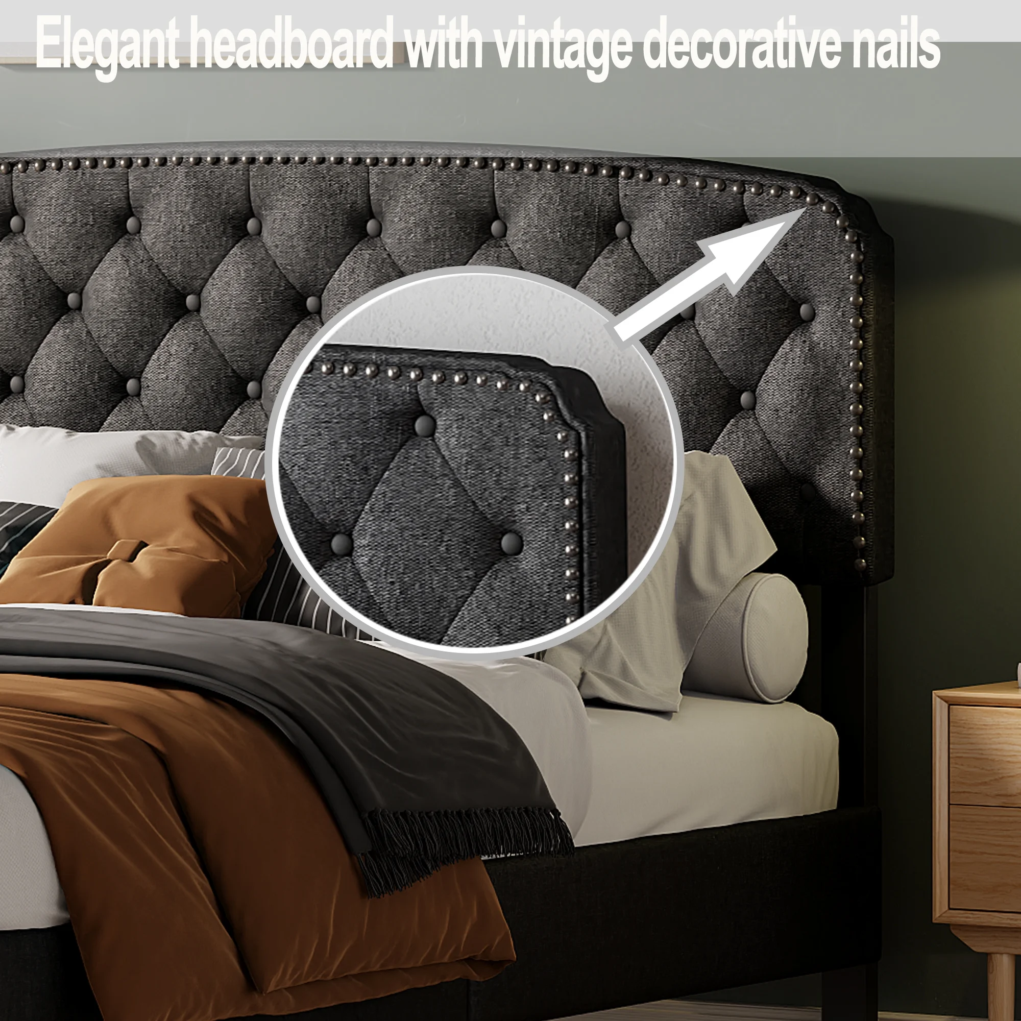 Dark Grey Queen Size Adjustable Headboard with Linen Upholstery and Button Tufting, Wave Top Design