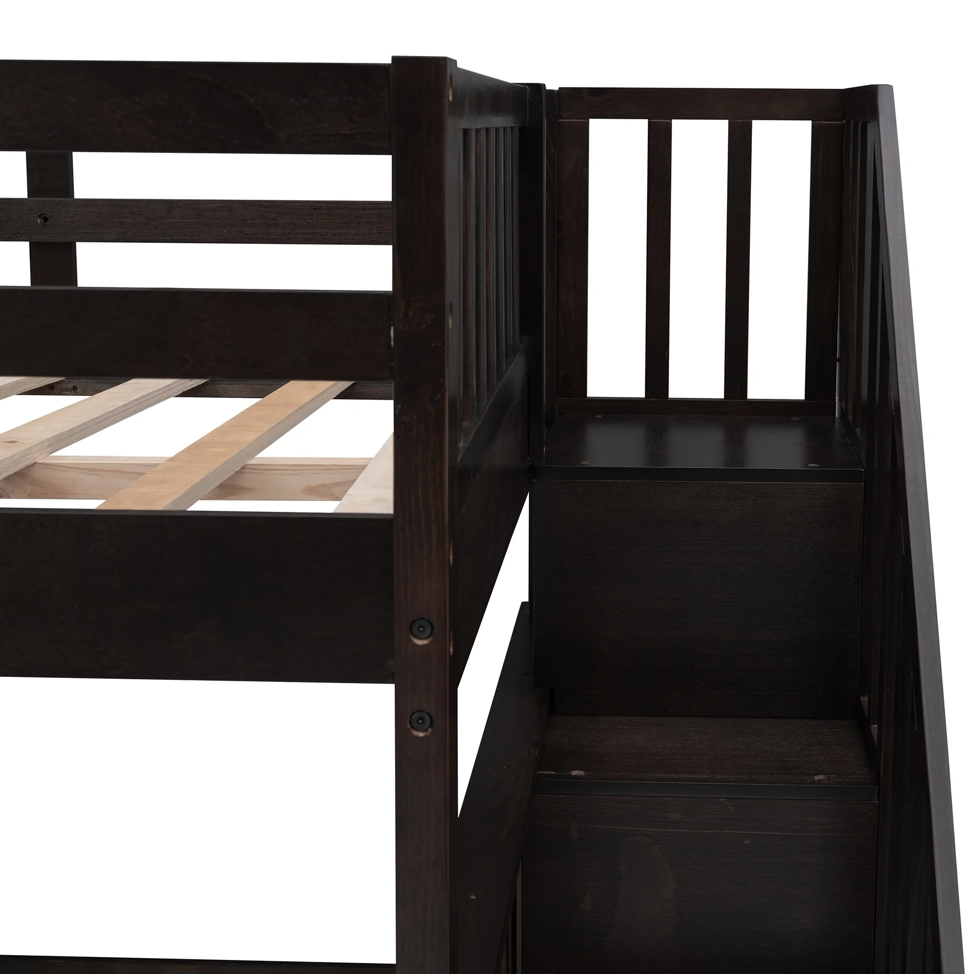 Full-Over-Full Bunk Bed with Storage Staircase & Guard Rail, Wooden Bunk Bedframe for Dorm, Bedroom, Convertible into 2 Beds