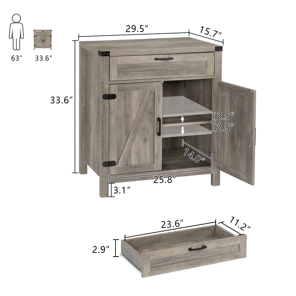 VINGLI Modern Farmhouse Accent Cabinet,Small Coffee Bar Cabinet,Barn Door Buffet Cabinet with Drawer,Grey