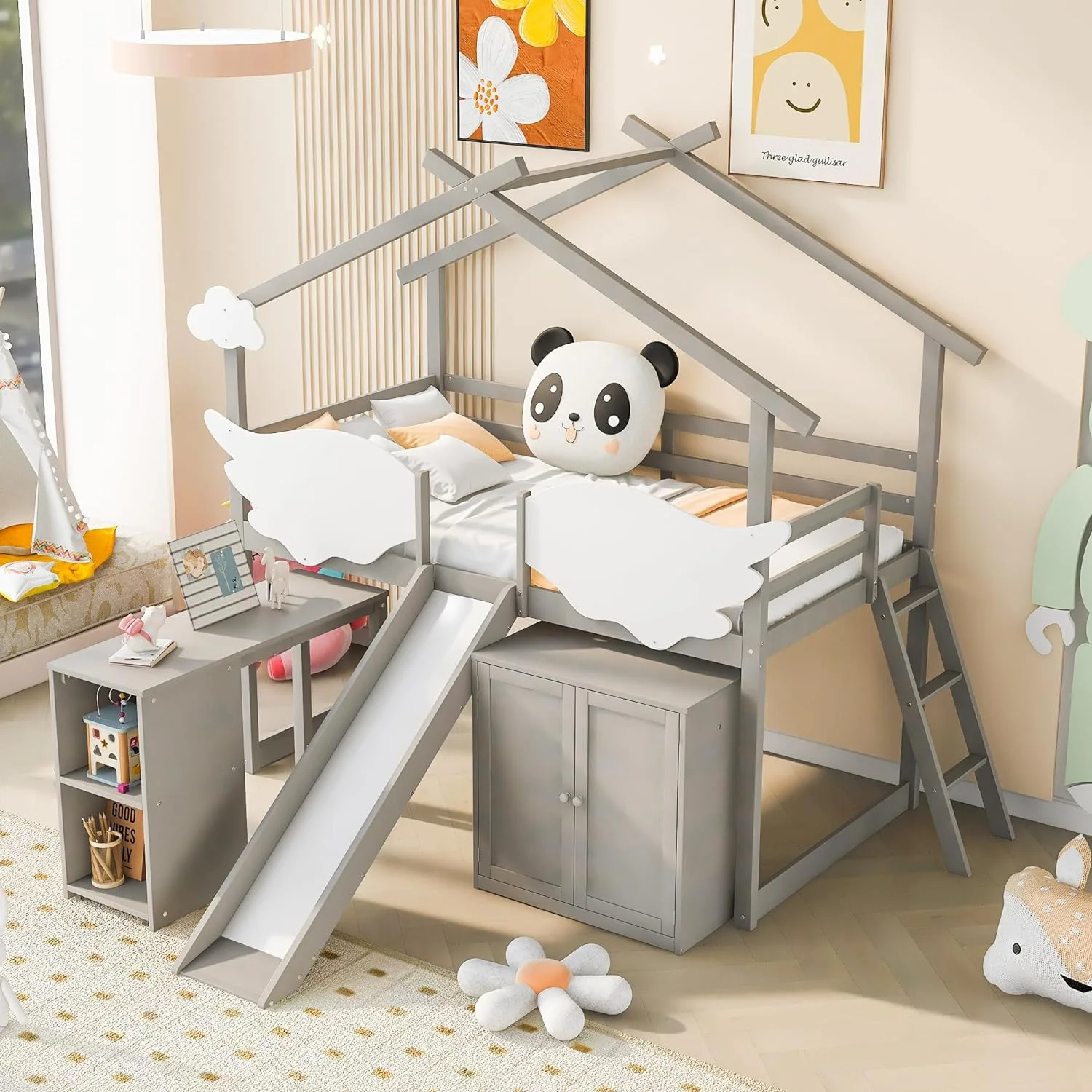 Size House Loft Bed With Slide Ad Wardrobe, Kids Loft Bed With Pullable Desk With Storage, Loft Bed With Wig-Shaped Fece Ad Ladder For Girls Boys,Wor Gray White