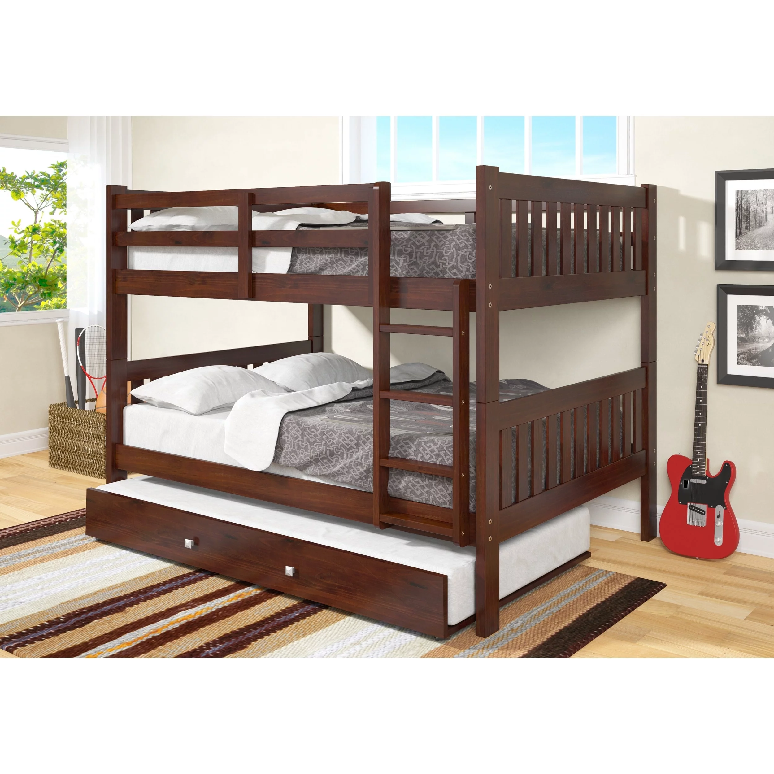 Pivot Direct PD-1015-3CP-503CP Full Over Full Mission Bunk Bed with Twin Trundle in Dark Cappuccino
