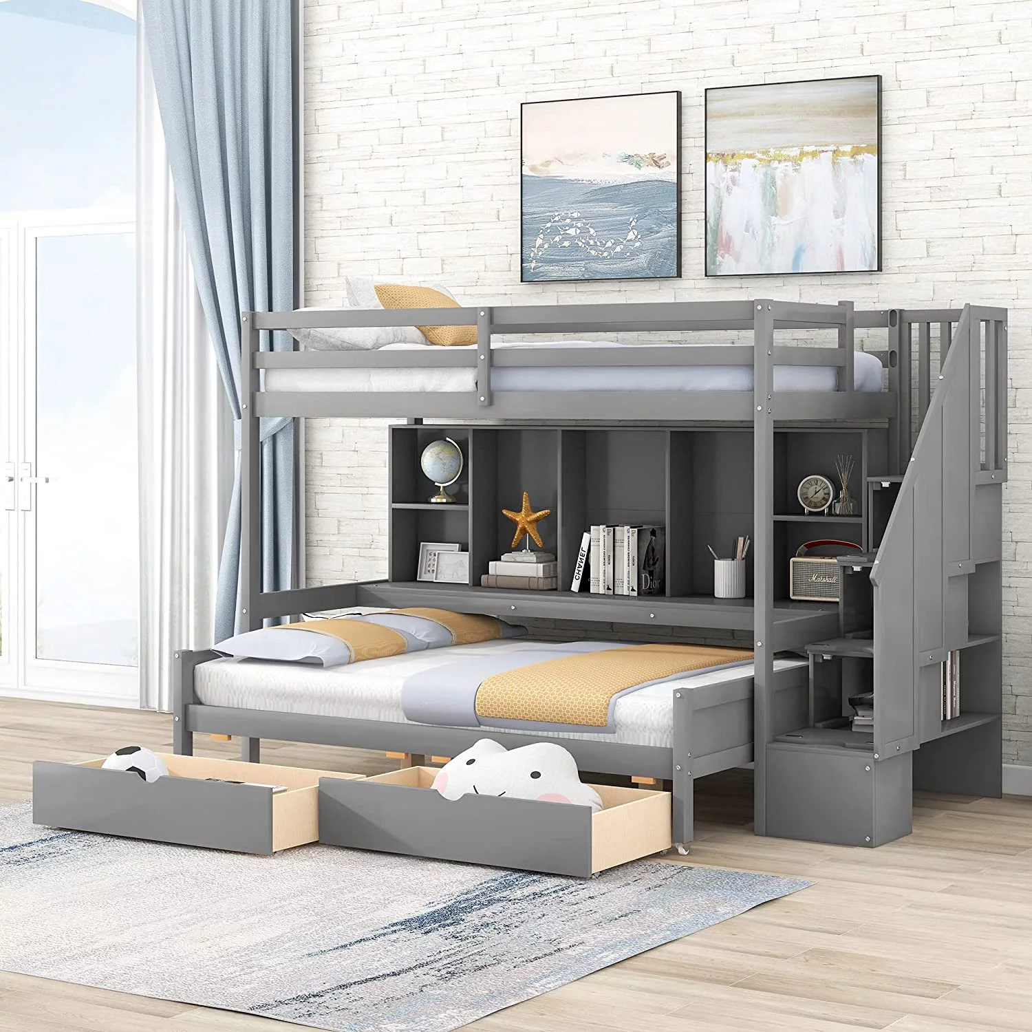 XL Over Full Bunk Bed With Stairs, Solid Wood Bunk Bed With Storage Shelves & Drawers, Movable Lower Bed Design, For Kids Teens Adults (Gray)