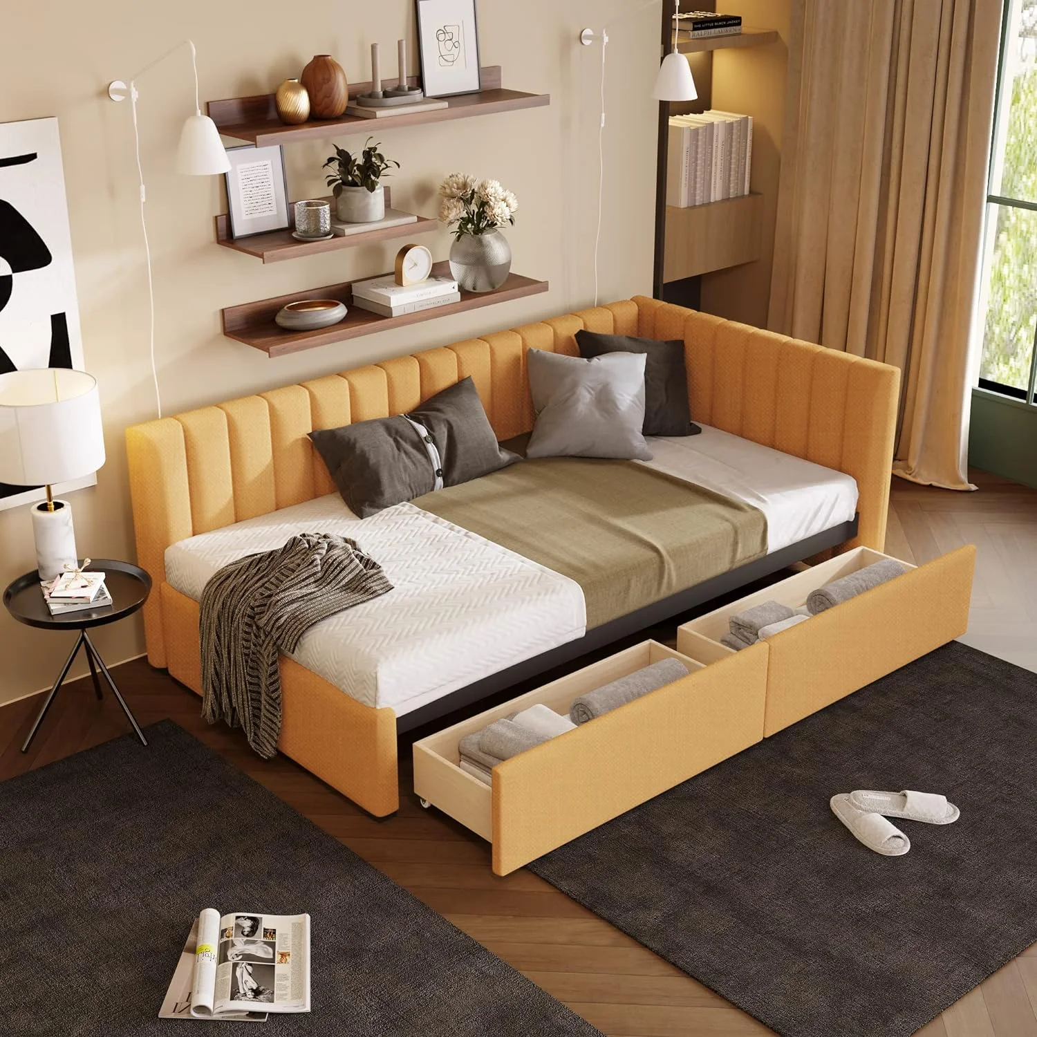 Upholsered Daybed Wih 2 Sorage Drawers, Size Daybed Wih Wood Slas, Lie Fabric Size Sofa Bed Frame For Livig Room Bedroom, o Box Sprig eeded (, Yellow)