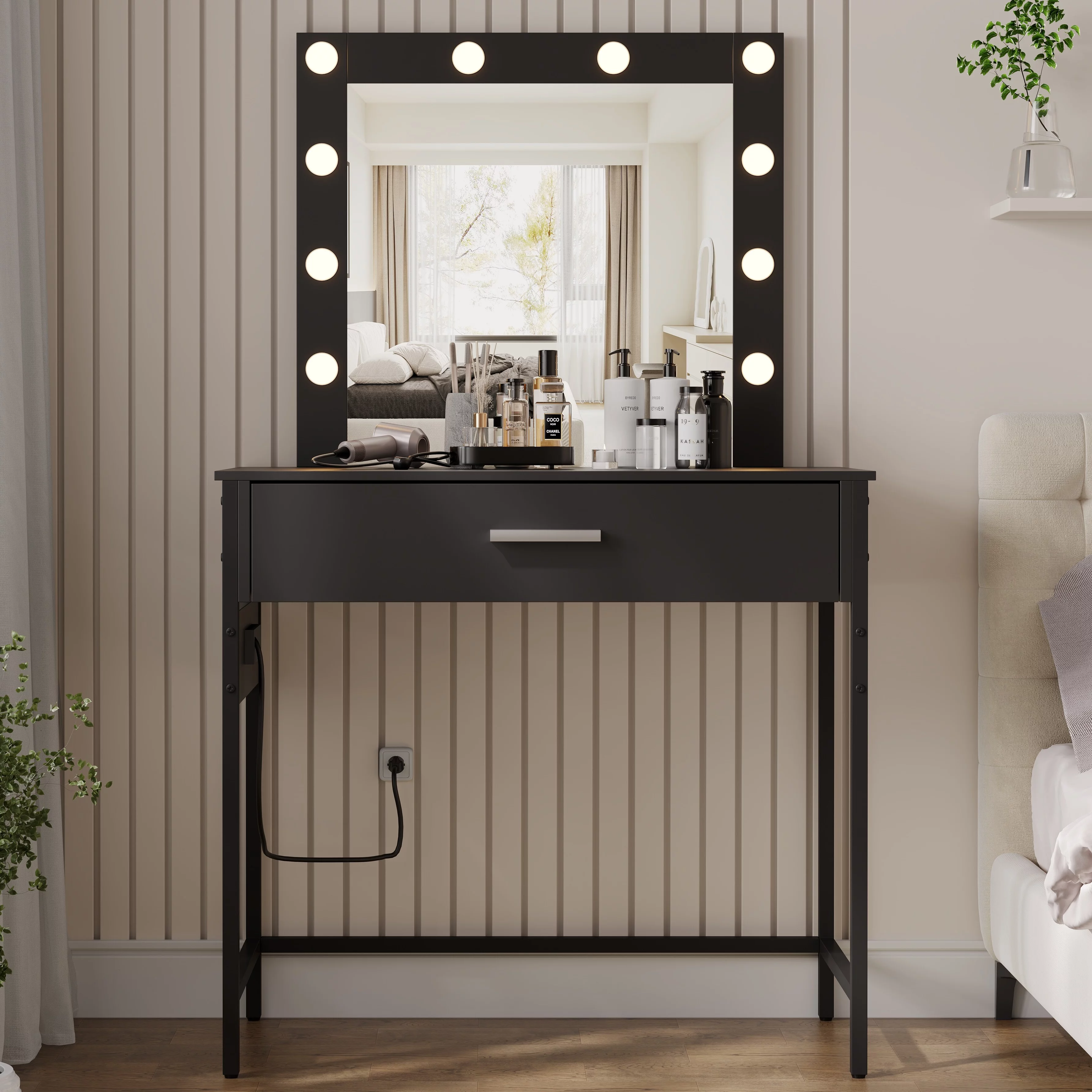 Vanity Table with Lighted Mirror, Makeup Vanity Dressing Table, Bedroom Makeup Desk with Charging Station, Black