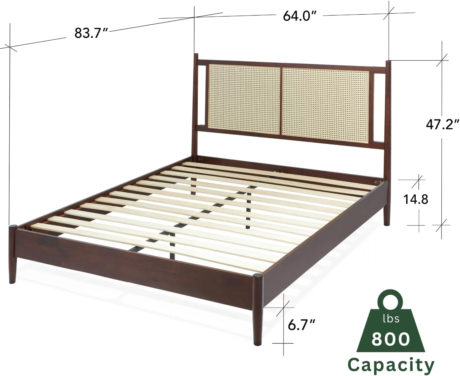 Bme Oliver 15 Inch Signature Bed Frame with Rattan Headboard - Bohemian & Mid Century Style - Acacia Wood - 12 Strong Wood Slat Support - Easy Assembly - No Box Spring Needed - Walnut, Queen