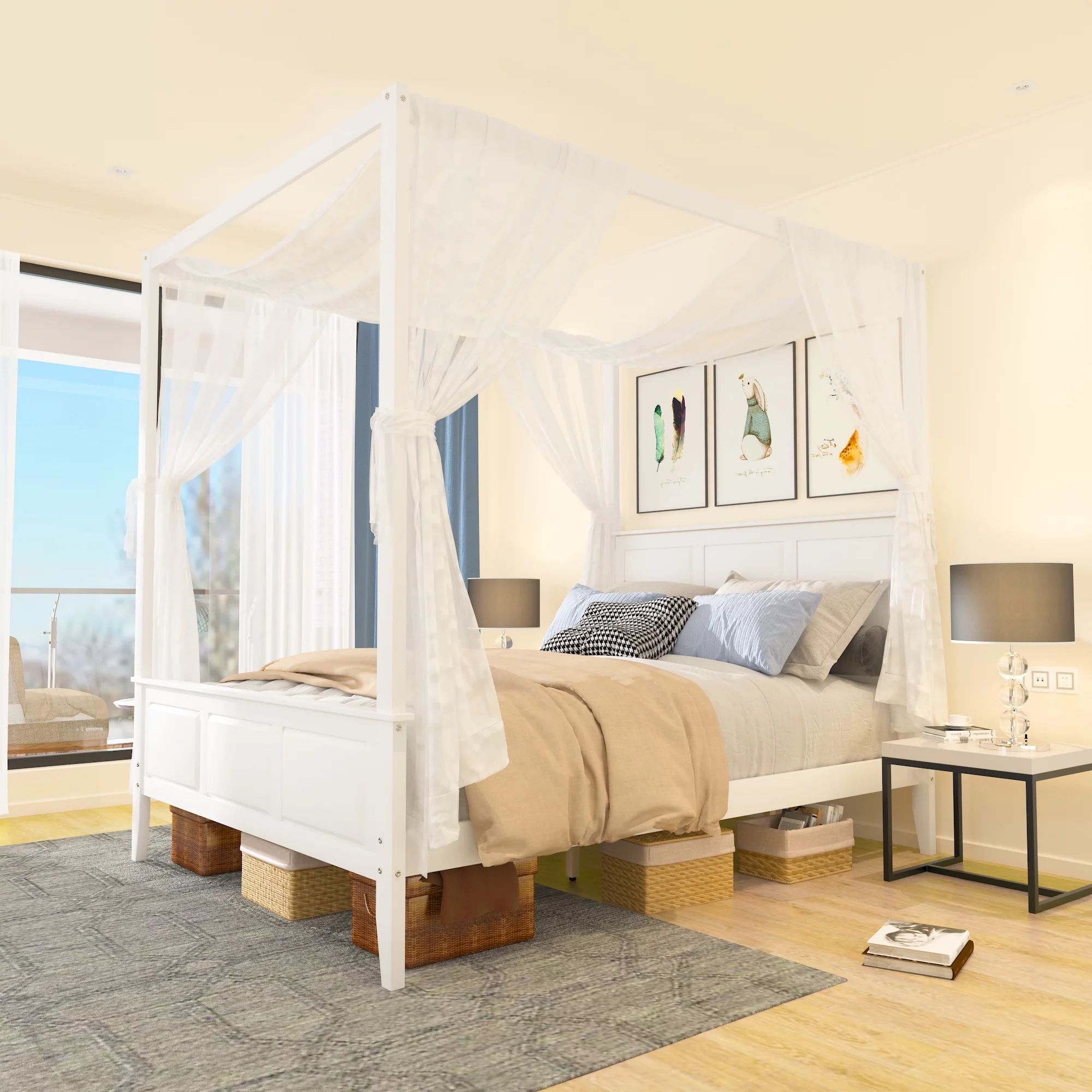 Holdolife Queen Size Canopy Platform Bed with Headboard and Footboard, Four-Poster Bed with Slat Support Leg, No Box Spring Needed, Easy Assembly, White