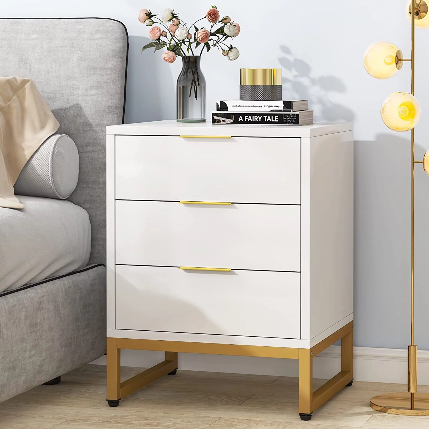 Tribesigns Nightstand with 3 Storage Drawers, Bedside Table with Metal Frame, Modern Side End Table for Bedroom Living Room, White/Gold