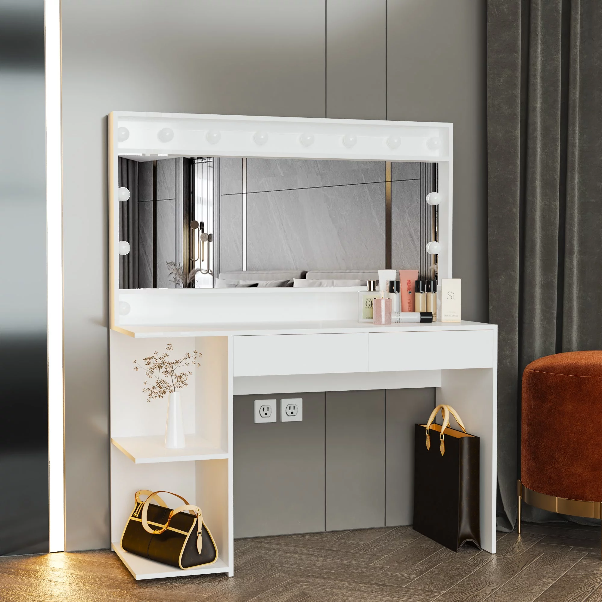 Ember Interiors Emery Modern Painted Vanity Table, Lights, for Bedroom
