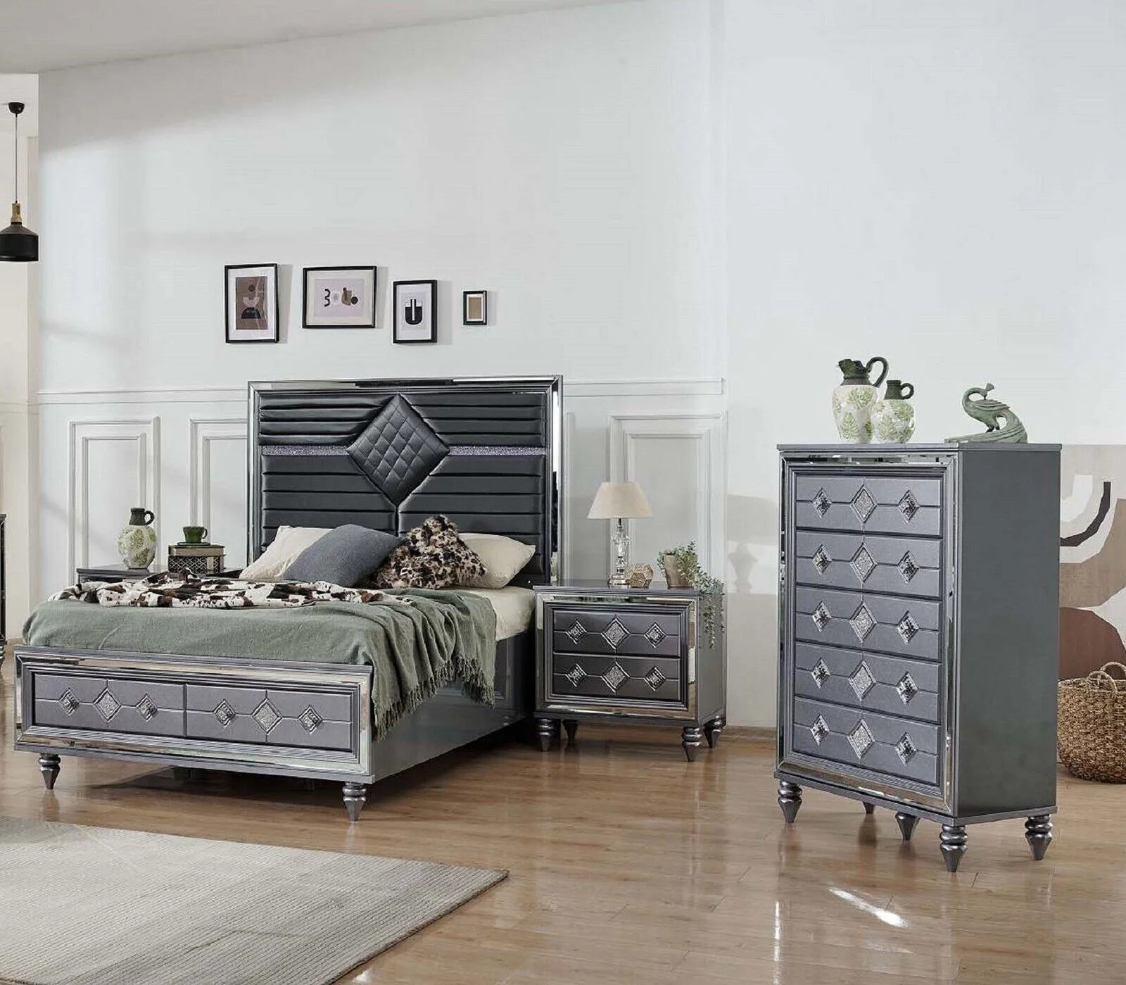 3pc Luxury Dark Gray Queen Bed w/LED Headboard Nightstand Chest Bedroom Set