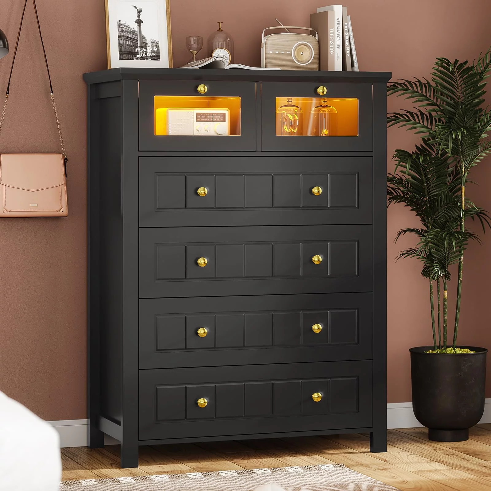 Black 6 Drawer Dresser for Bedroom with Led Lights,Modern LED Chest of Drawers Dresser for Living Room Closet