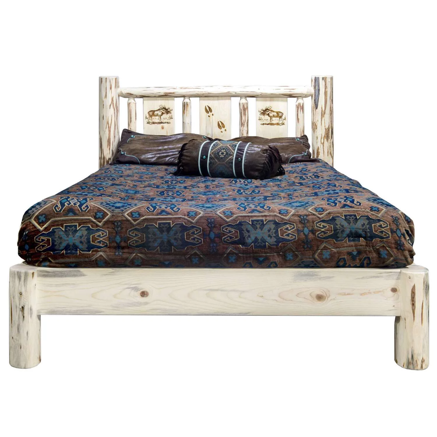 Montana Woodworks  Montana Full Platform Bed with Laser Engraved Moose Design, Clear Lacquer