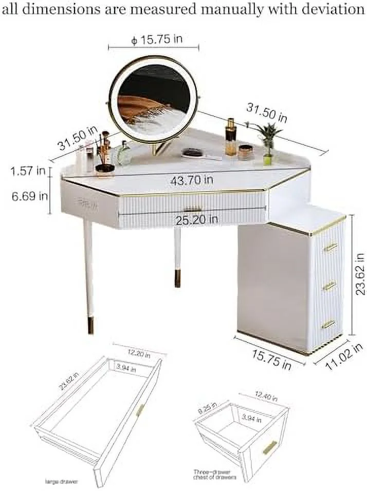 GEROBOOM Modern Corner Vanity with Lighted Mirror Large Size Corner Dresser  Dressing Table with 4 Drawers  Cabinet and Rotating Mirror with Power Strip and Nightstand Writing Desk White