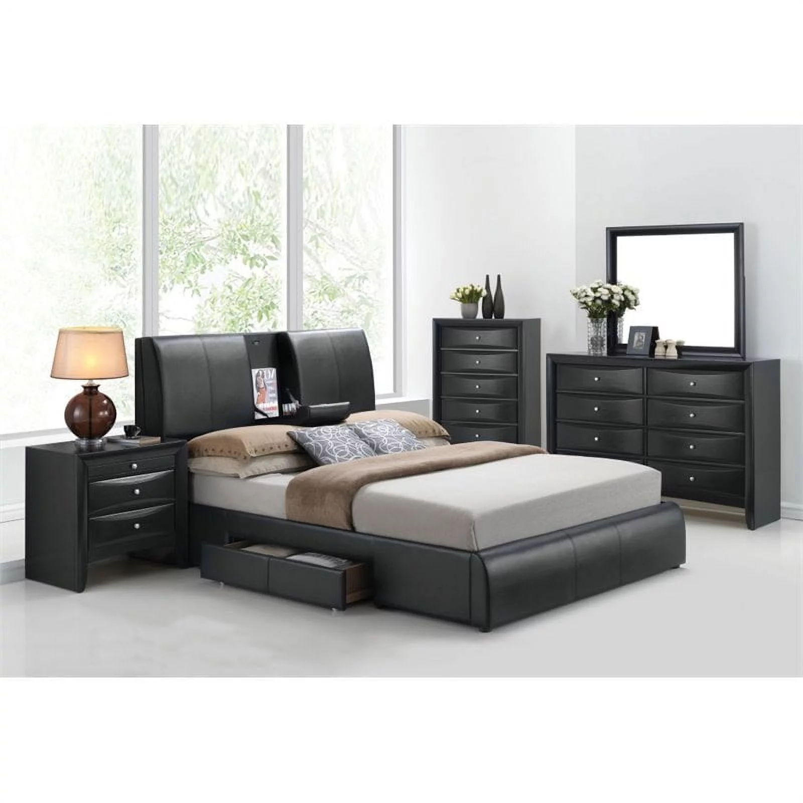 Bowery Hill Contemporary Upholstered Queen Panel Bed with Storage in Black PU