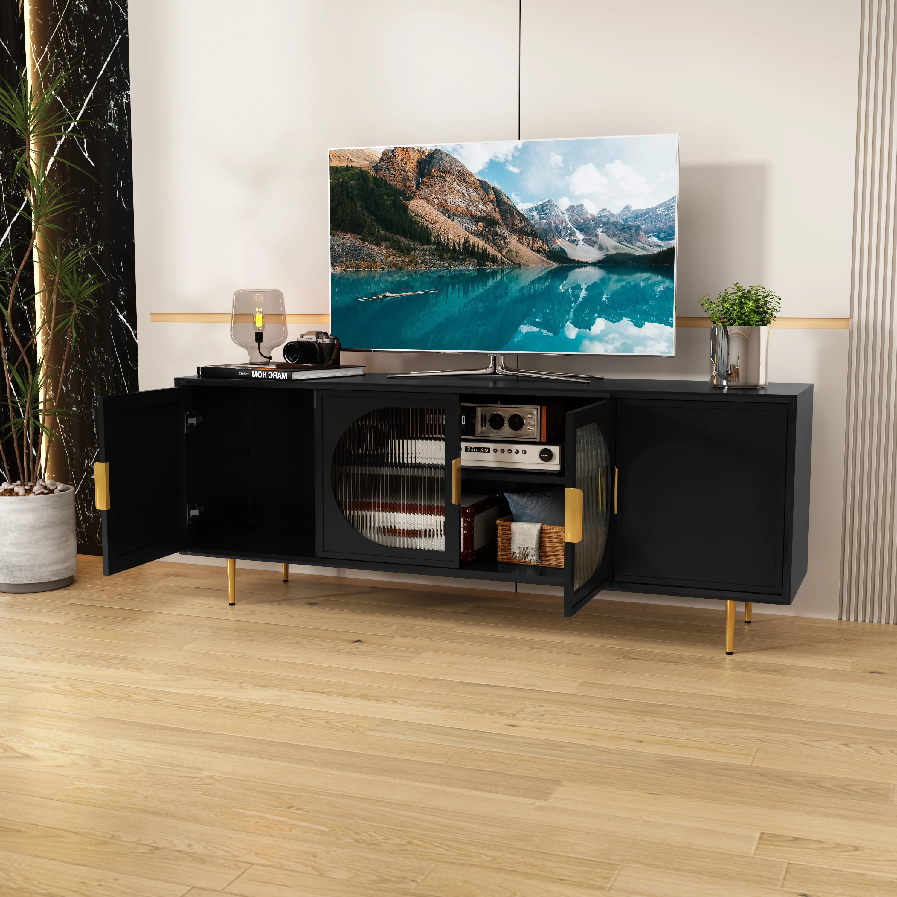 HLR Black TV Cabinet with Glass Doors & Gold feet, Entertainment Center for TVs up to 75+ inches