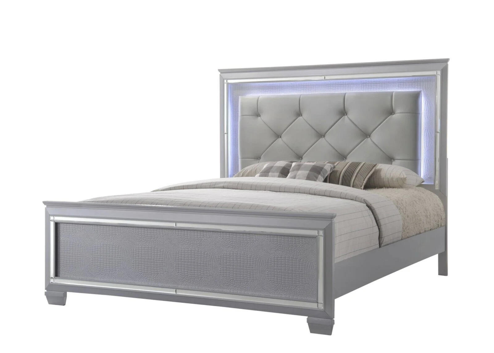 Beautiful 3pc Queen Size LED Upholstered HB Bed Chest Nightstand Wood Bedroom Furniture Set