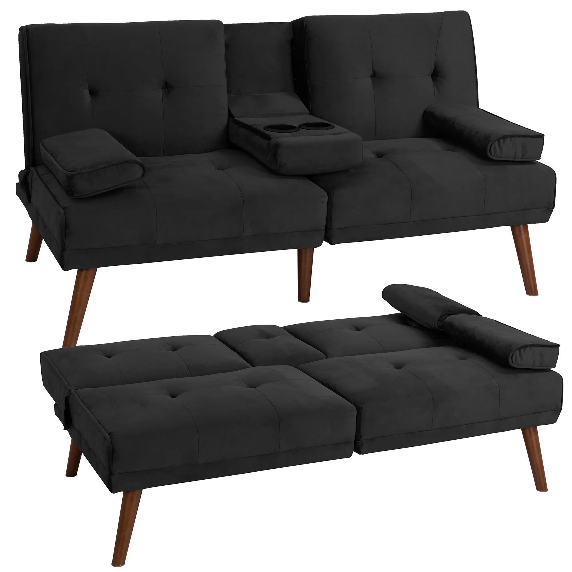 Walsunny 60”Convertible Sofa Bed Small Folding Loveseat Couch Removable Armrest, Modern Futon Recliner Sleeper wIth 2 Cup Holder Black