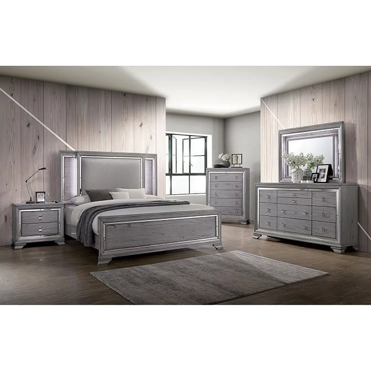 Contemporary Gray Color Finish Bedroom Furniture 4pc Eastern King Size Set