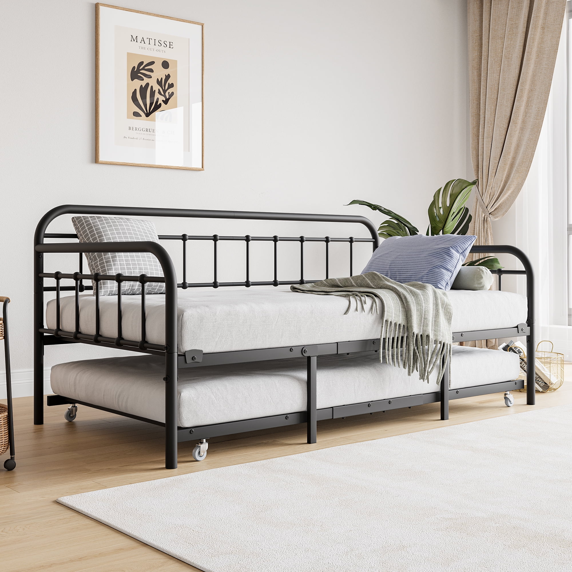 Gewnee Twin Metal Daybed with Trundle, Heavy Duty Metal Bed Frame for Living Room,Black