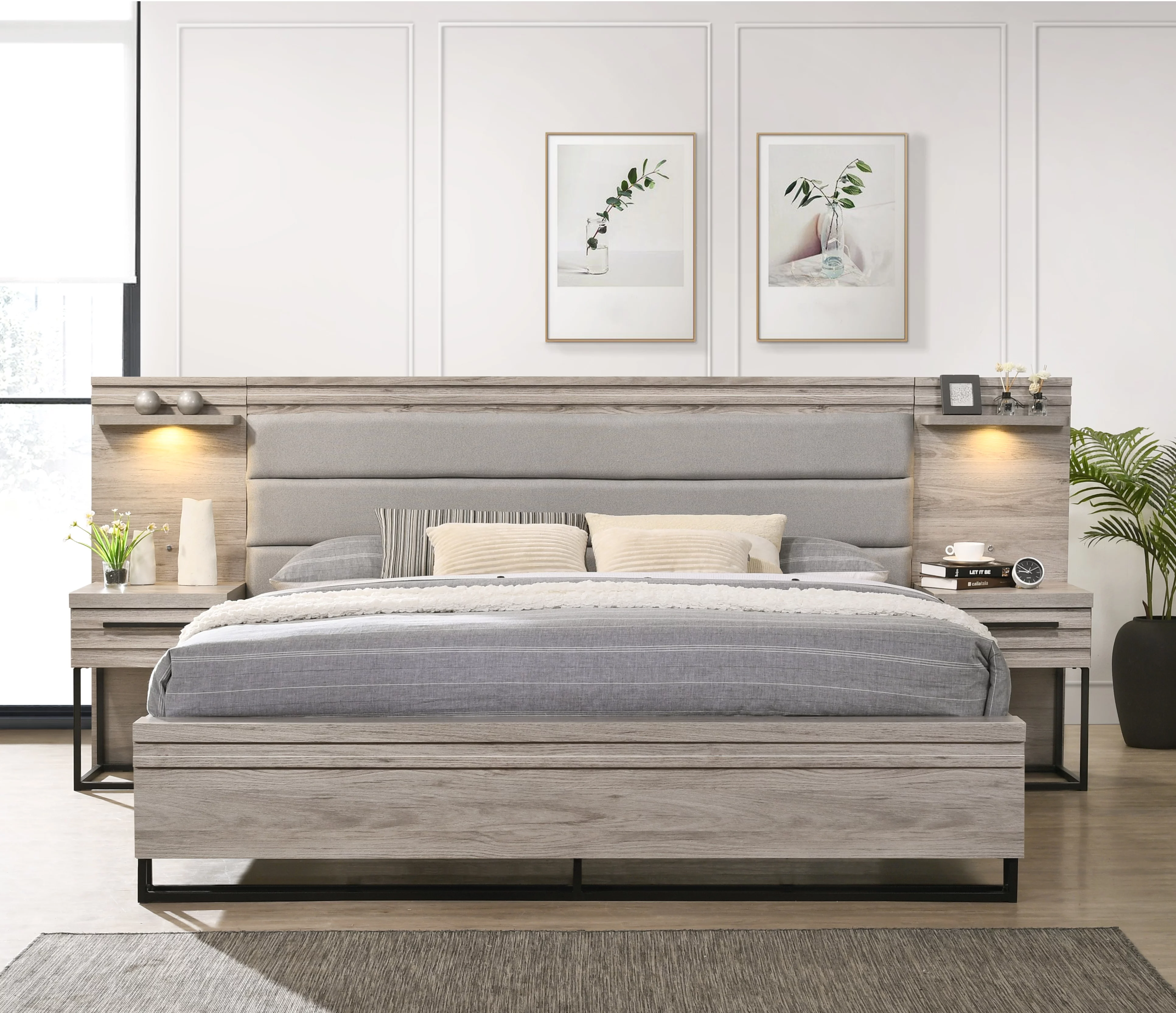 Roundhill Furniture Alvear Upholstered Wood Wallbed Bed with White LED Lights, Dresser, Mirror, and 2 Nightstands, Weathered Gray, King