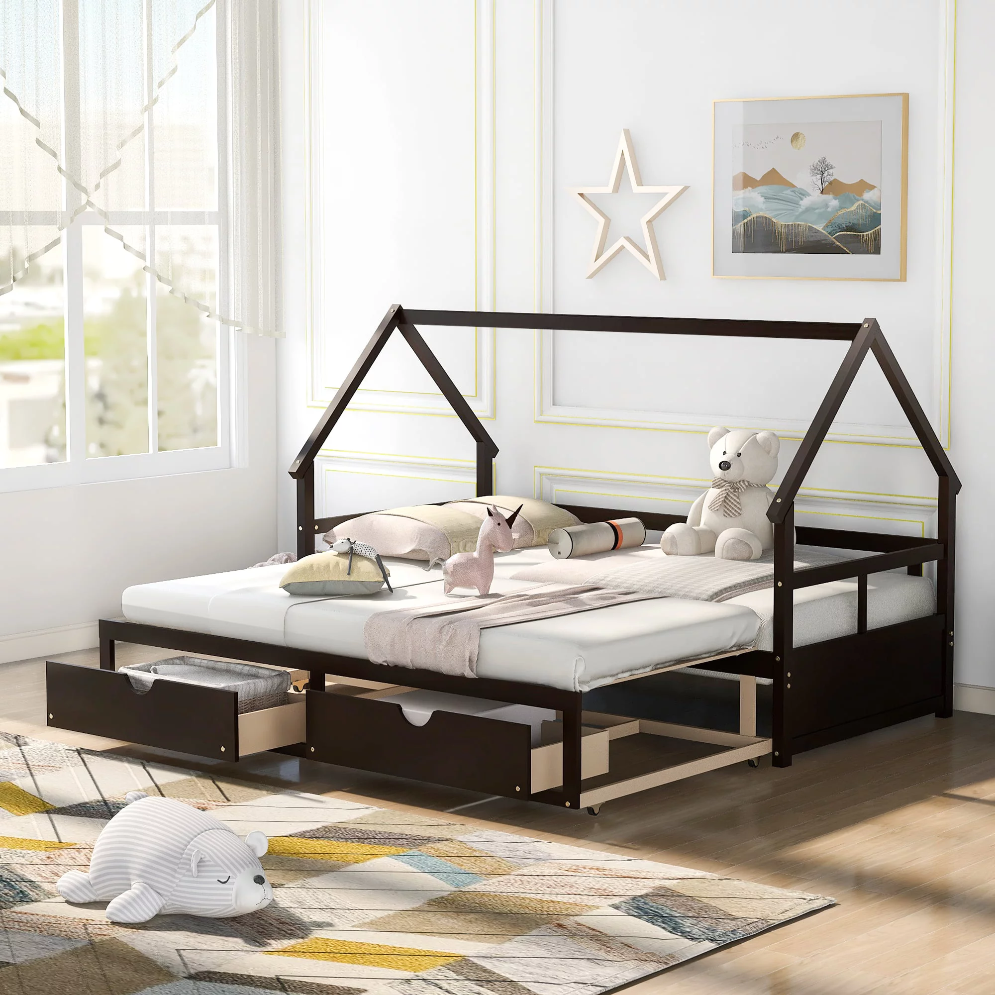 Wood Daybed with Trundle and Two Storage Drawers and Headboard, Twin Size Extendable Trundle beds, No Needed Box Springs, Black